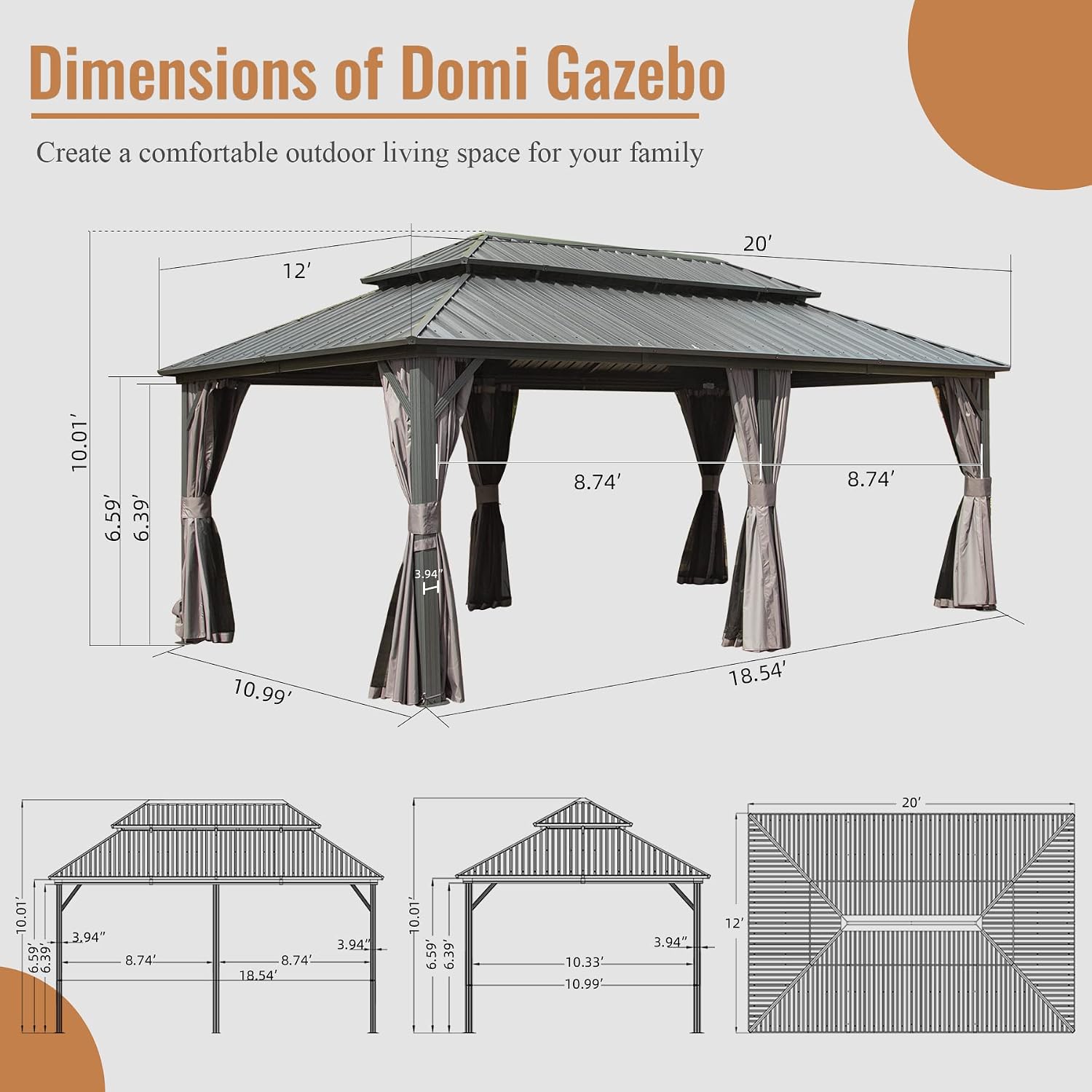 Domi 12' x 20' Hardtop Gazebo Permanent Metal Gazebo with Galvanized Steel Double Roof, Curtains and Netting for Patio, Backyard, Deck, Lawn, Grey