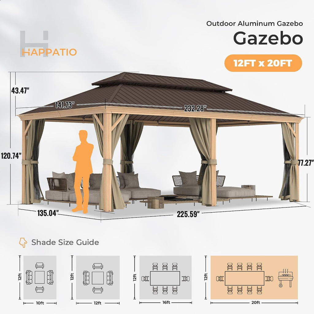 HAPPATIO 12' x 20' Hardtop Gazebo, Outdoor Wood Grain Aluminum with Galvanized Steel, Patio Double Roof Permanent Metal Gazebo Canopy with Netting and Curtains for Backyard, Patio, Deck (Brown)