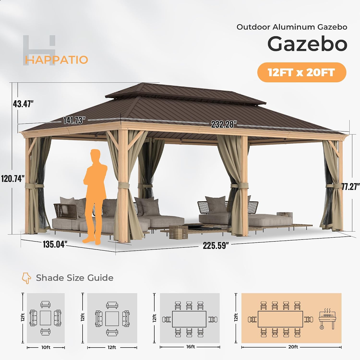 HAPPATIO 12' x 20' Hardtop Gazebo, Outdoor Wood Grain Aluminum with Galvanized Steel, Patio Double Roof Permanent Metal Gazebo Canopy with Netting and Curtains for Backyard, Patio, Deck (Brown)