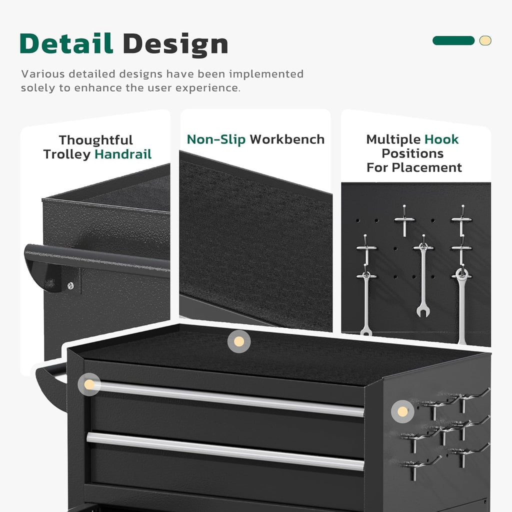 Greenvelly Tool Chest, 8-Drawer Rolling Tool Chest with Wheels, Detachable Top Tool Box, Assembled Tool Chest with Liner & Hooks, Rolling Tool Box for Garage, Workshop, Warehouse, Black