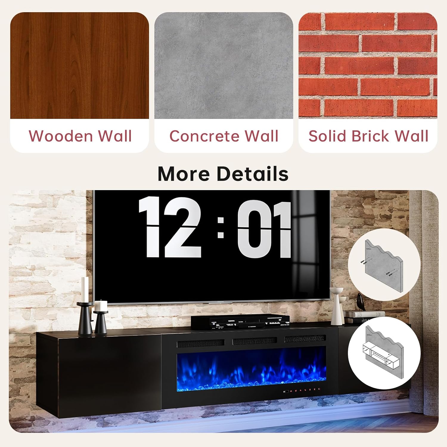 oneinmil 80' Floating TV Stand with 40' Electric Fireplace, Modern Entertainment Center with Storage, Adjustable 12-Color LED Lights, Fire Place TV Console for Living Room, All Black