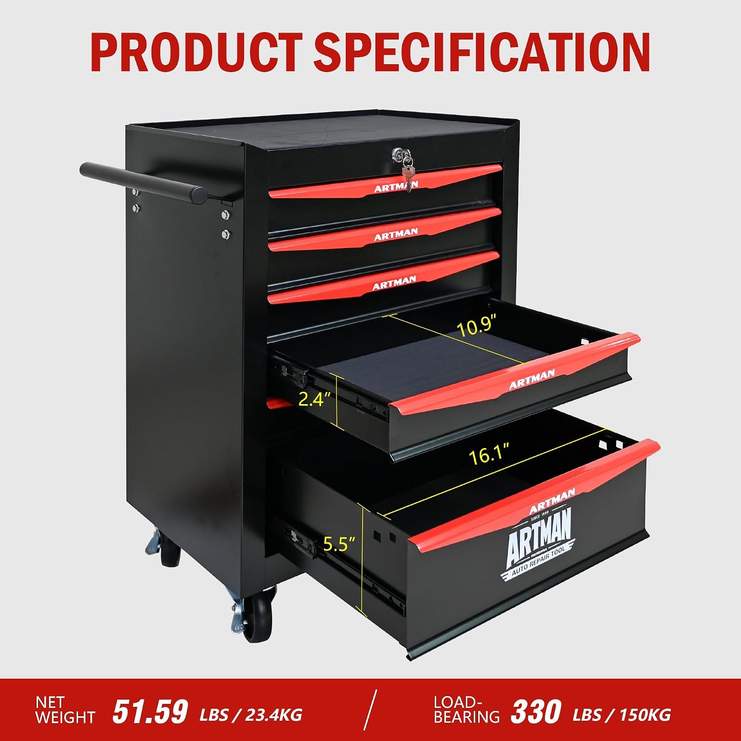 6 Drawers Tool Cart on Wheels, Multifunctional Rolling Tool Chest, Drawers Mobile Trolley Organizer Heavy Duty Tools Box with Locking Wheels & Ball Bearing Drawers (Black, 6 Drawers)