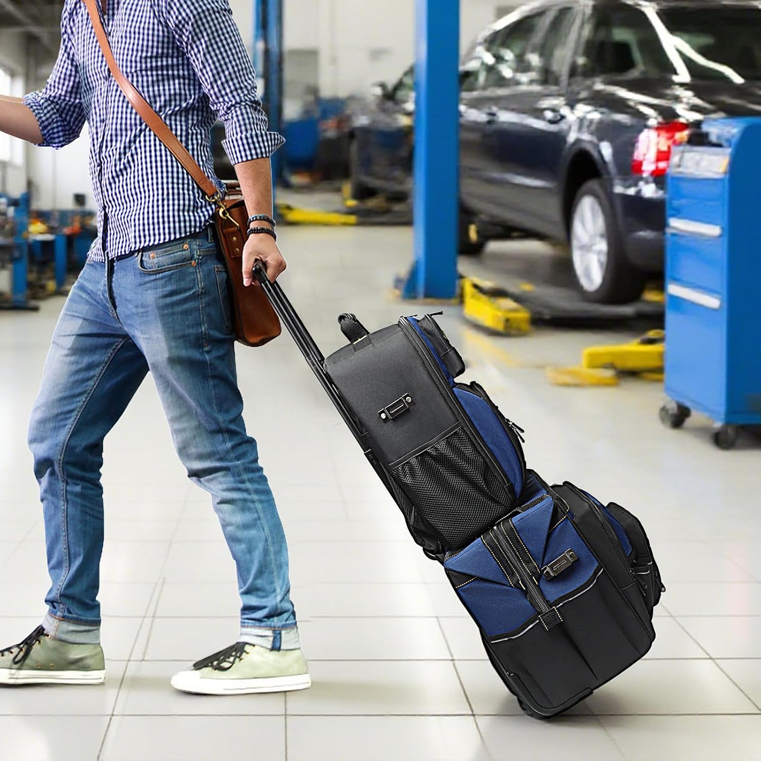 AIRAJ 21' Rolling Tool Bag with Wheels & 18' Tool Backpack Set | Adjustable Telescoping Handle | Waterproof Tool Bag | Tool Backpack Heavy Duty | 1680D Oxford Cloth | USB Charging Port | 55 Pockets