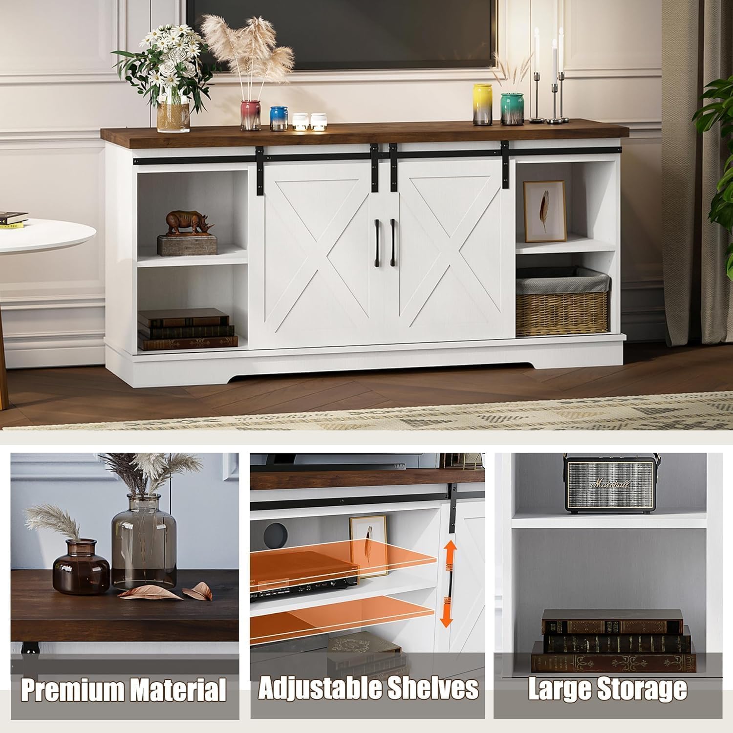 Farmhouse TV Stand for TVs up to 65', Modern Entertainment Center with Sliding Barn Doors & Adjustable Shelves, TV Console for Living Room, Heavy Duty 220lbs Load (White)