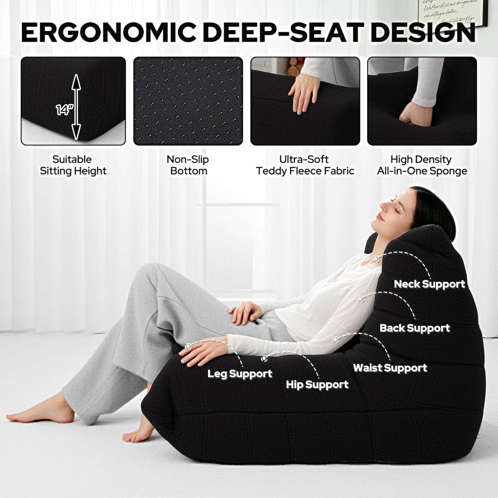 HABUTWAY Bean Bag Chairs Fireside Lazy Floor Sofa, Soft Teddy Fleece Bean Bag Sofa with High-Resilience Foam Filling，Beanbag for Living Room, Bedroom, Office (Black Teddy)