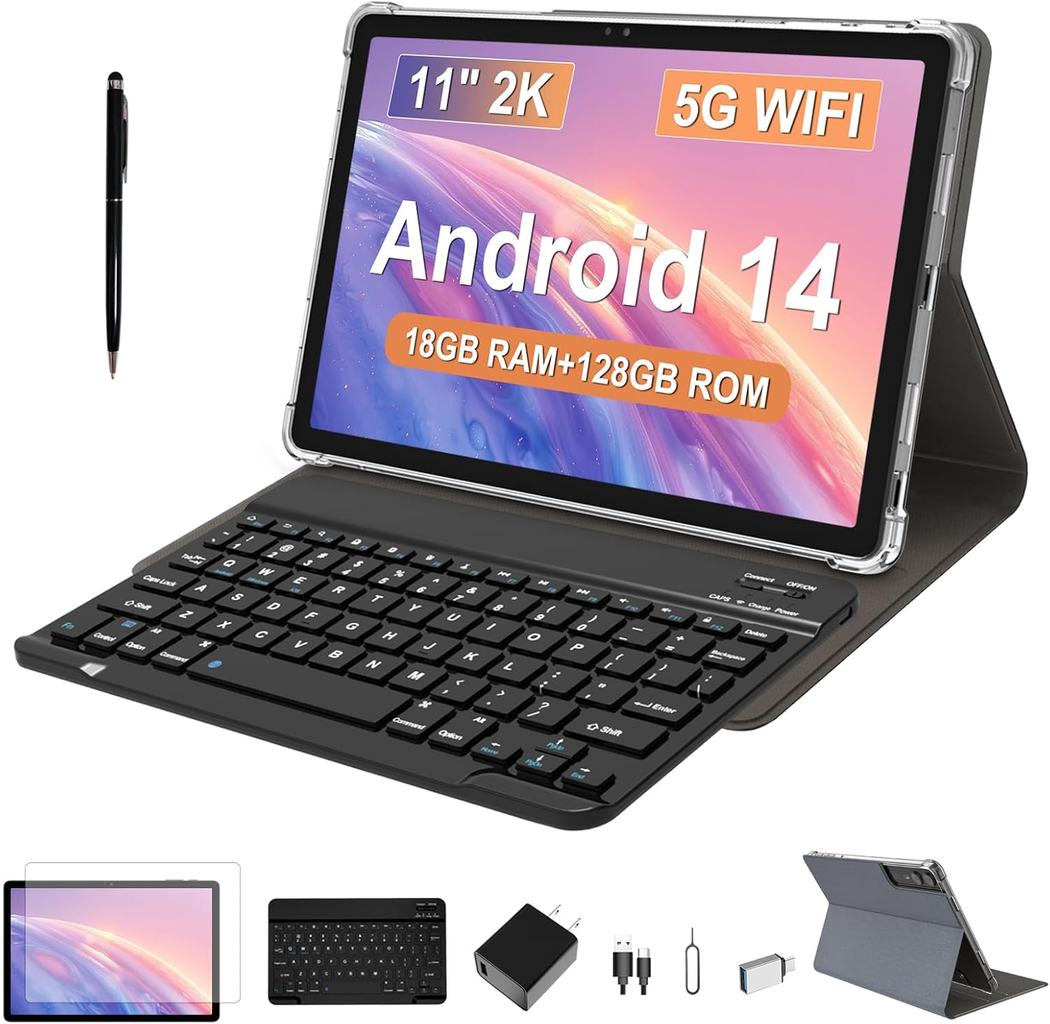 2026 Latest 11 inch Android Tablet, 18GB RAM, 128GB ROM, 1TB Expand, 2K Display, T616 Octa-Core, 5G WiFi, 13MP+5MP+5MP Camera, GPS, 9000mAh, Tablet with Keyboard/Case/Pen, Quad Speakers