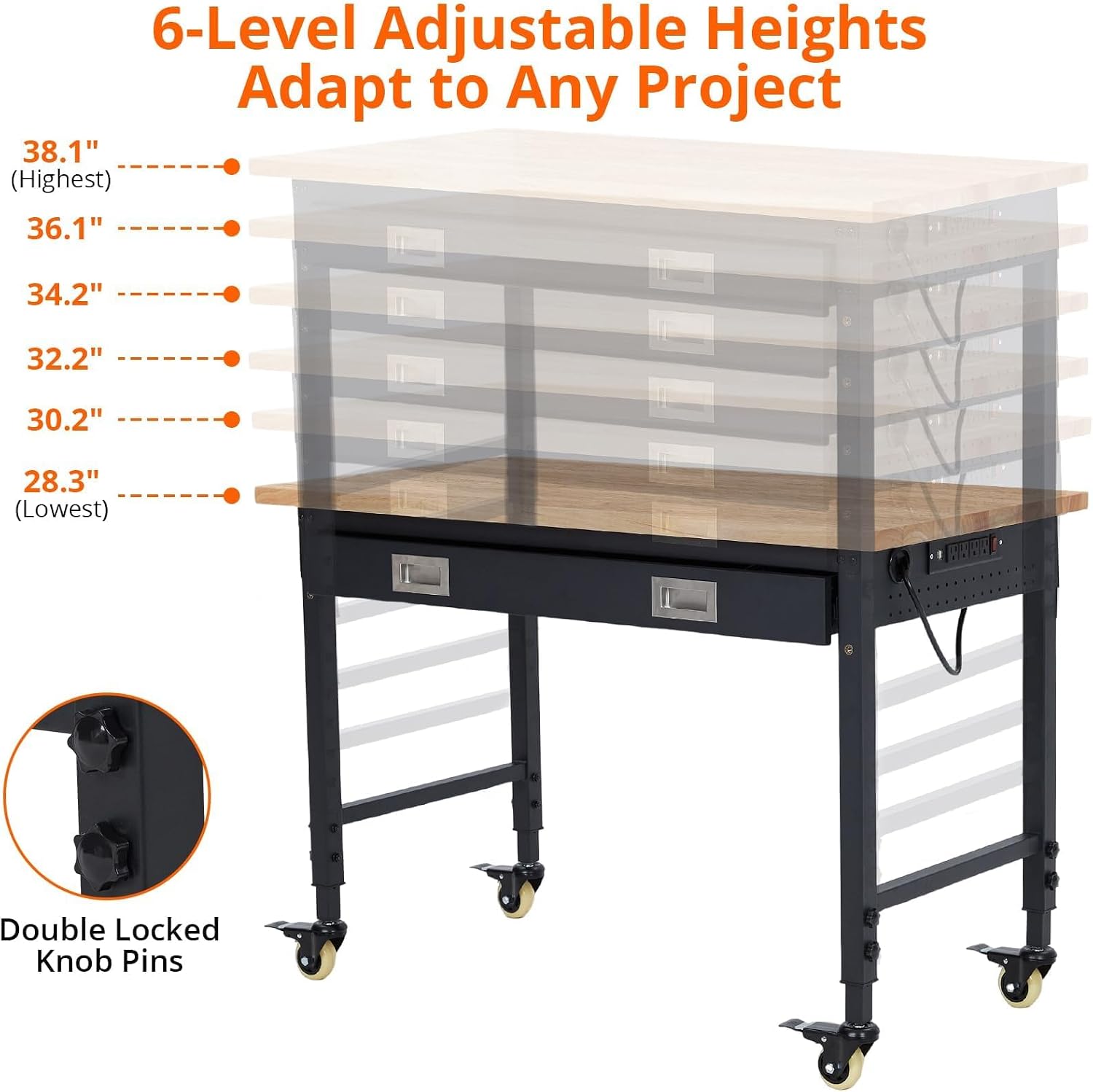 48' Adjustable Workbench with Wheels, 2000 LB Capacity, Power Outlets, Solid Hardwood Top, Heavy Duty Garage Work Table for Workshop, Home Office, DIY