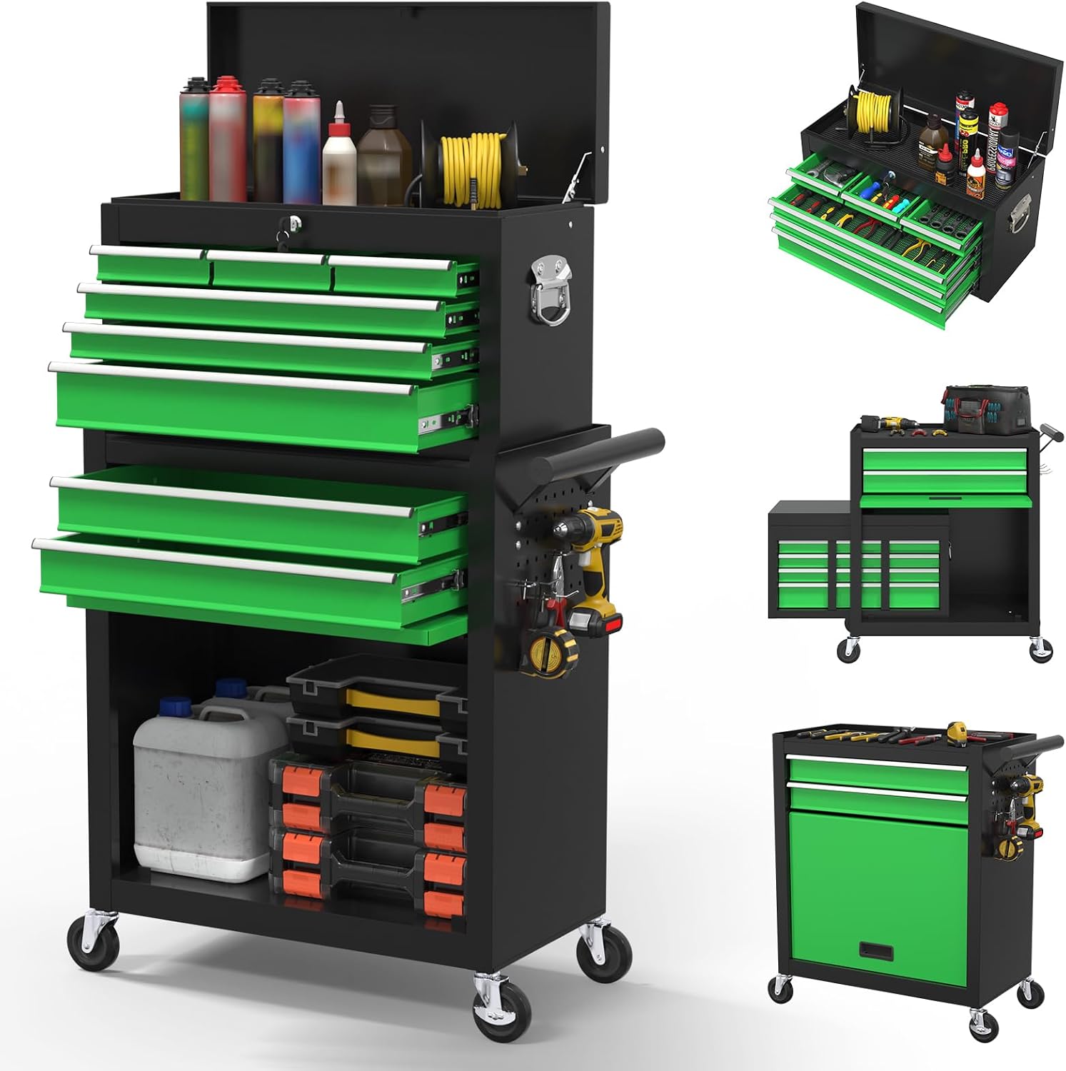 High Capacity Rolling Tool Boxes with Wheels and Drawers, 8-Drawer Storage Cabinet,Detachable Organizer Combo,Mobile Lockable Toolbox for Workshop Mechanics Garage (Blackgreen)