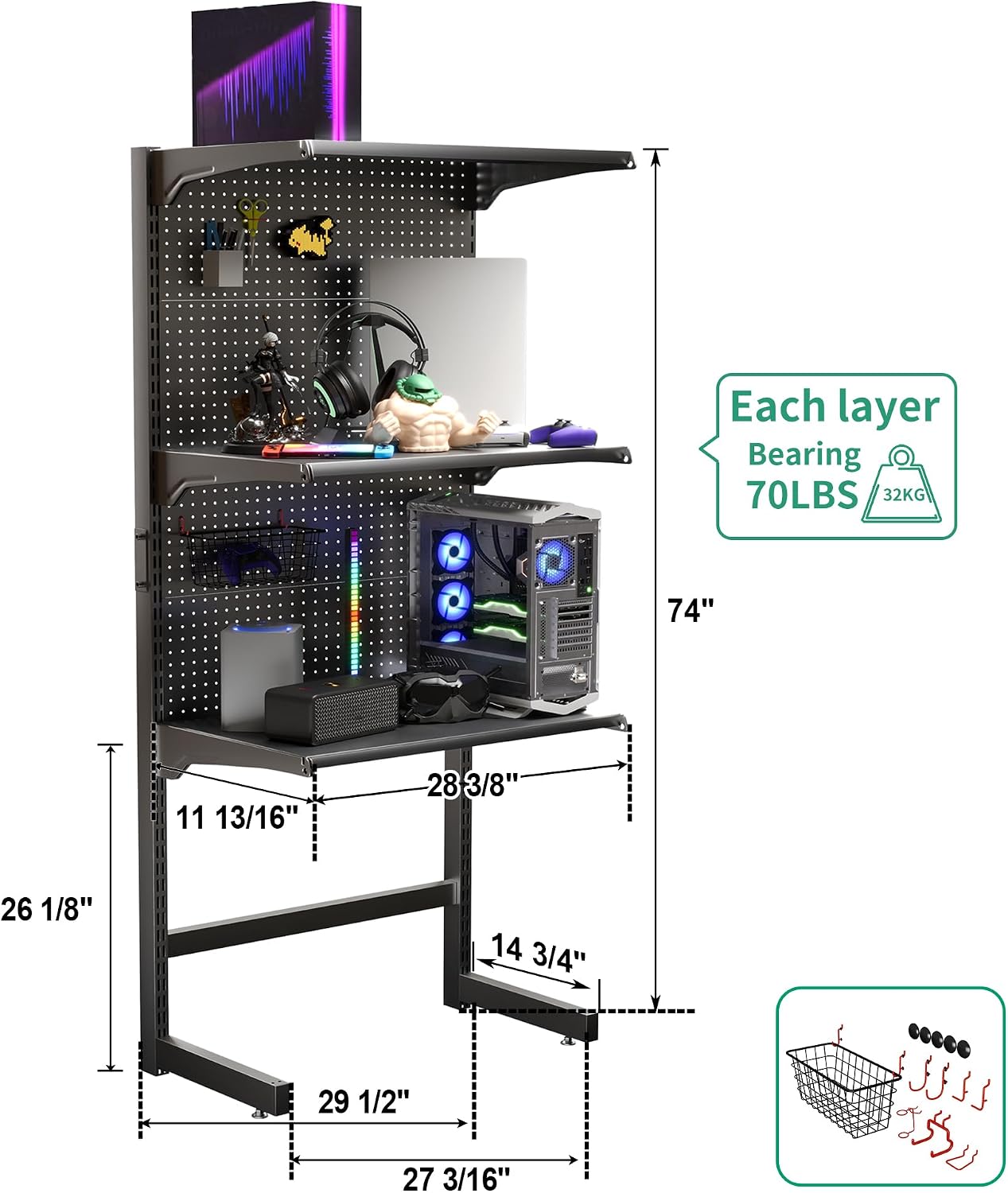 JWX DDB Gaming Standing Shelf Units, 30'' Free Standing Gaming Shelf Pegboard Cabinet with Home Office Metal Pegboard and 15 Pieces Organizer Tool Holders