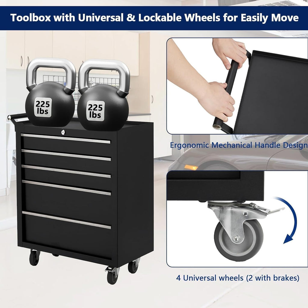 Tool Chest with Wheels, 4 Drawer Rolling Tool Storage Cabinet Cart, Portable Toolbox Organizer with Locking System, Drawer Liners for Garage, Workshop, Shop, Mechanic, Black