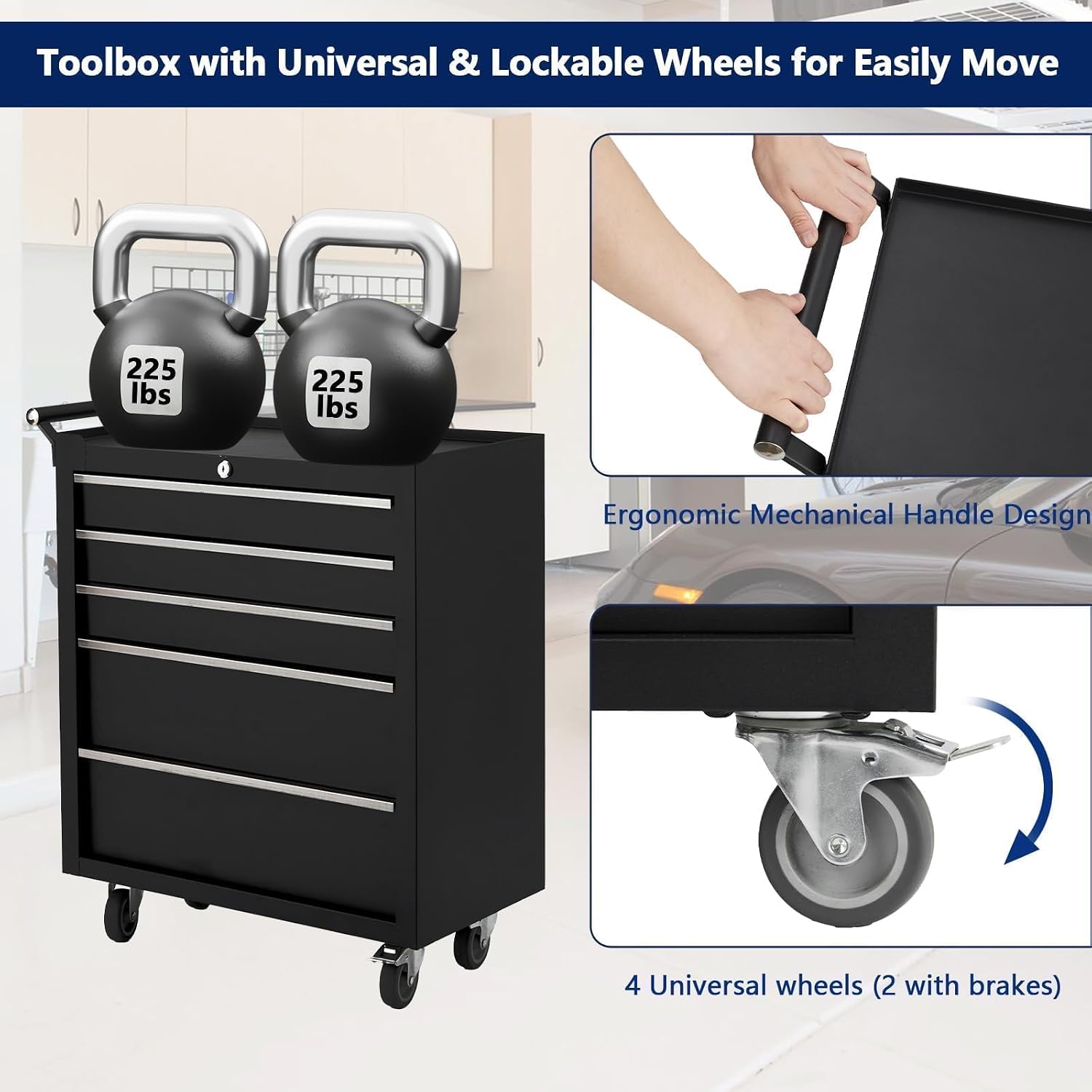 Tool Chest with Wheels, 4 Drawer Rolling Tool Storage Cabinet Cart, Portable Toolbox Organizer with Locking System, Drawer Liners for Garage, Workshop, Shop, Mechanic, Black
