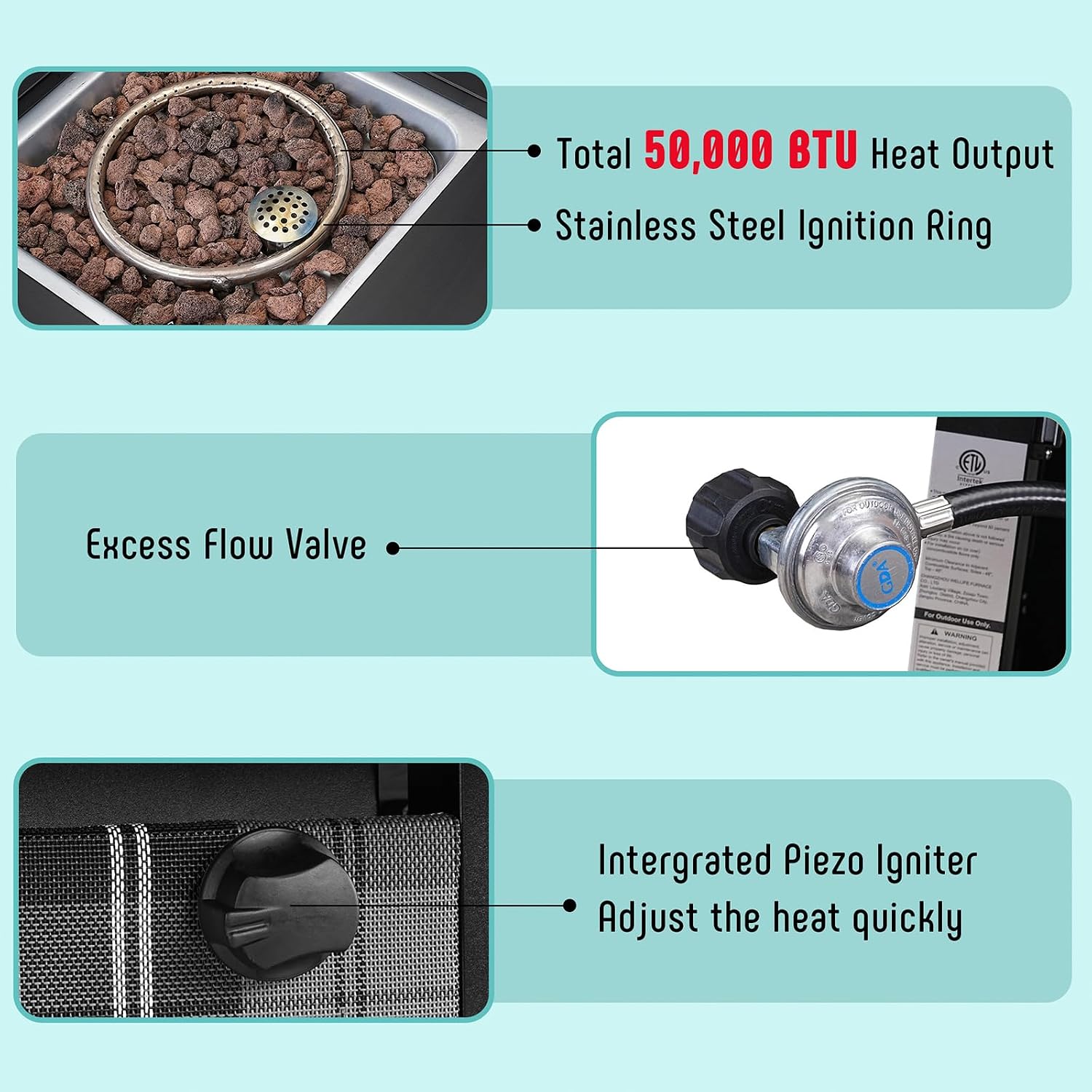 Werph 28 in Propane Fire Pit Table, ETL-Certified Fire Table with Lava Rocks for Patio Deck Garden Courtyard, 50,000 BTU Square Fire Pit Table with Lid, Black