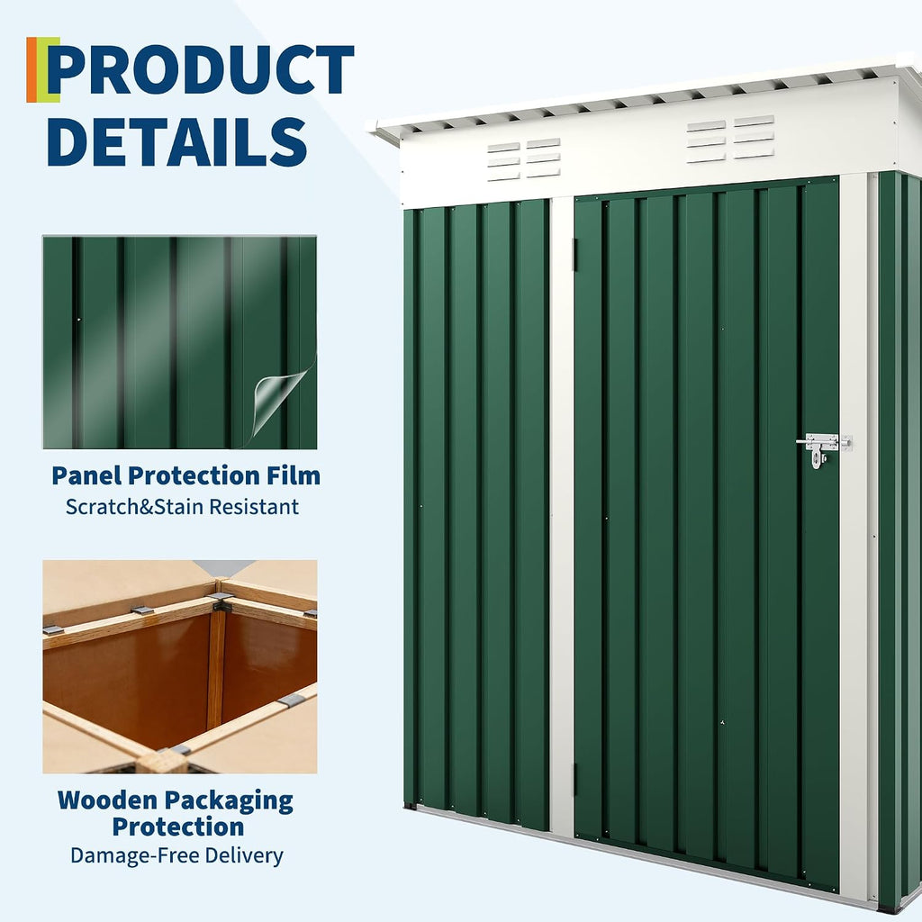 Garvee Metal Tool Shed with Single Door - Slanted Roof, Small Size, 5x3FT, Garden Storage, Outdoor Iron Tool Storage