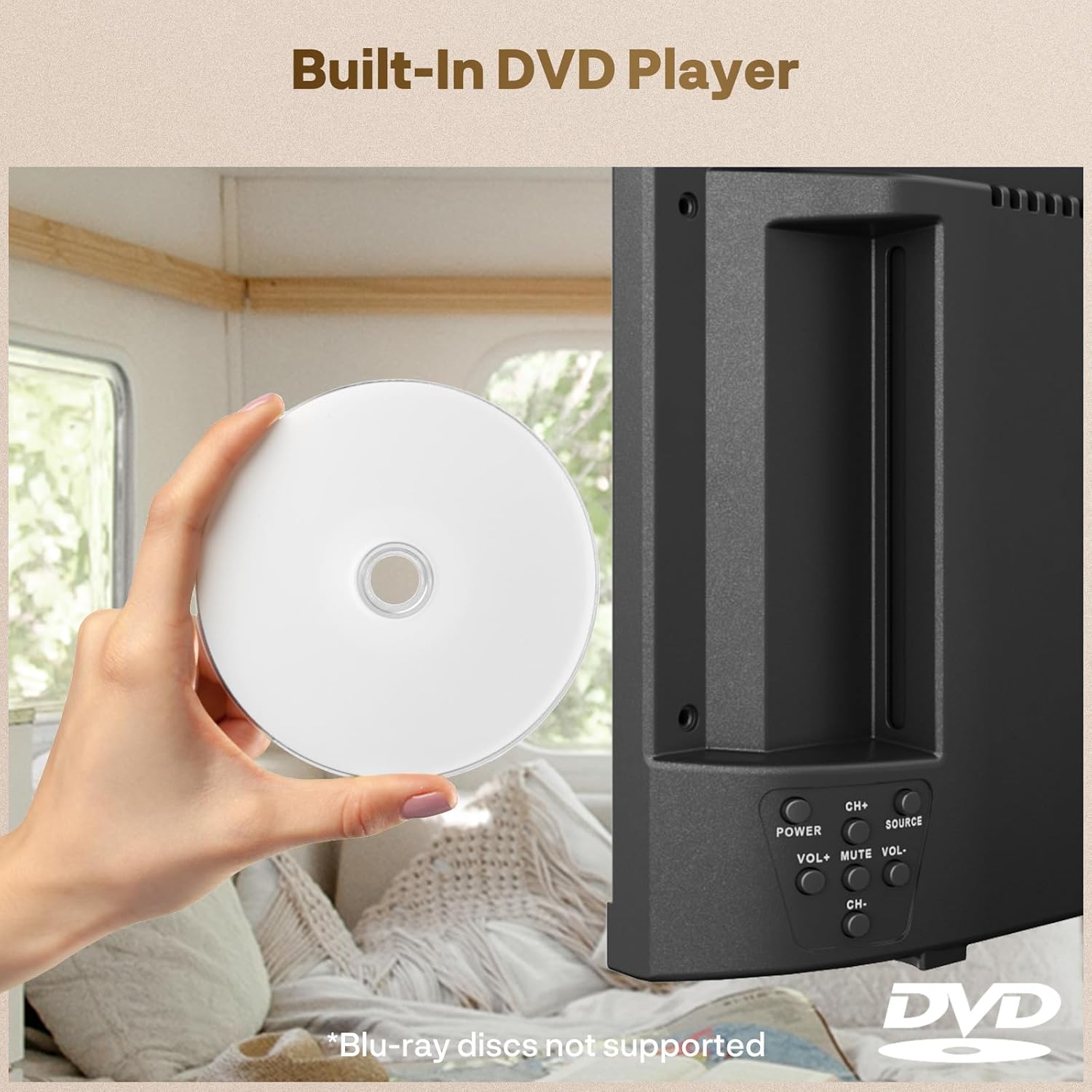 SYLVOX RV TV, 12V QLED TV with DVD Player Built-in, 22 Inch Smart Television for Camper, 12 Volt DC Power Low Energy Consumption, HD 1080P, Bezel Less Design