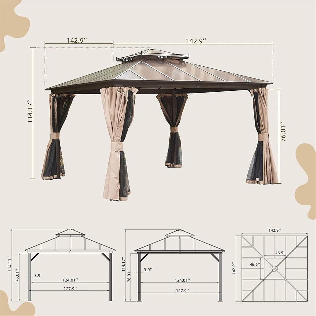 12x12Ft Hardtop Gazebo Outdoor Patio Gazebos with Polycarbonate Double Roof Aluminum Frame Pavilion with Curtain and Netting for Garden Patio Lawns Deck Backyard, Brown