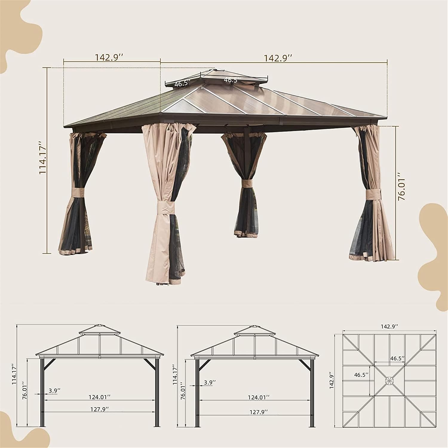 12x12Ft Hardtop Gazebo Outdoor Patio Gazebos with Polycarbonate Double Roof Aluminum Frame Pavilion with Curtain and Netting for Garden Patio Lawns Deck Backyard, Brown