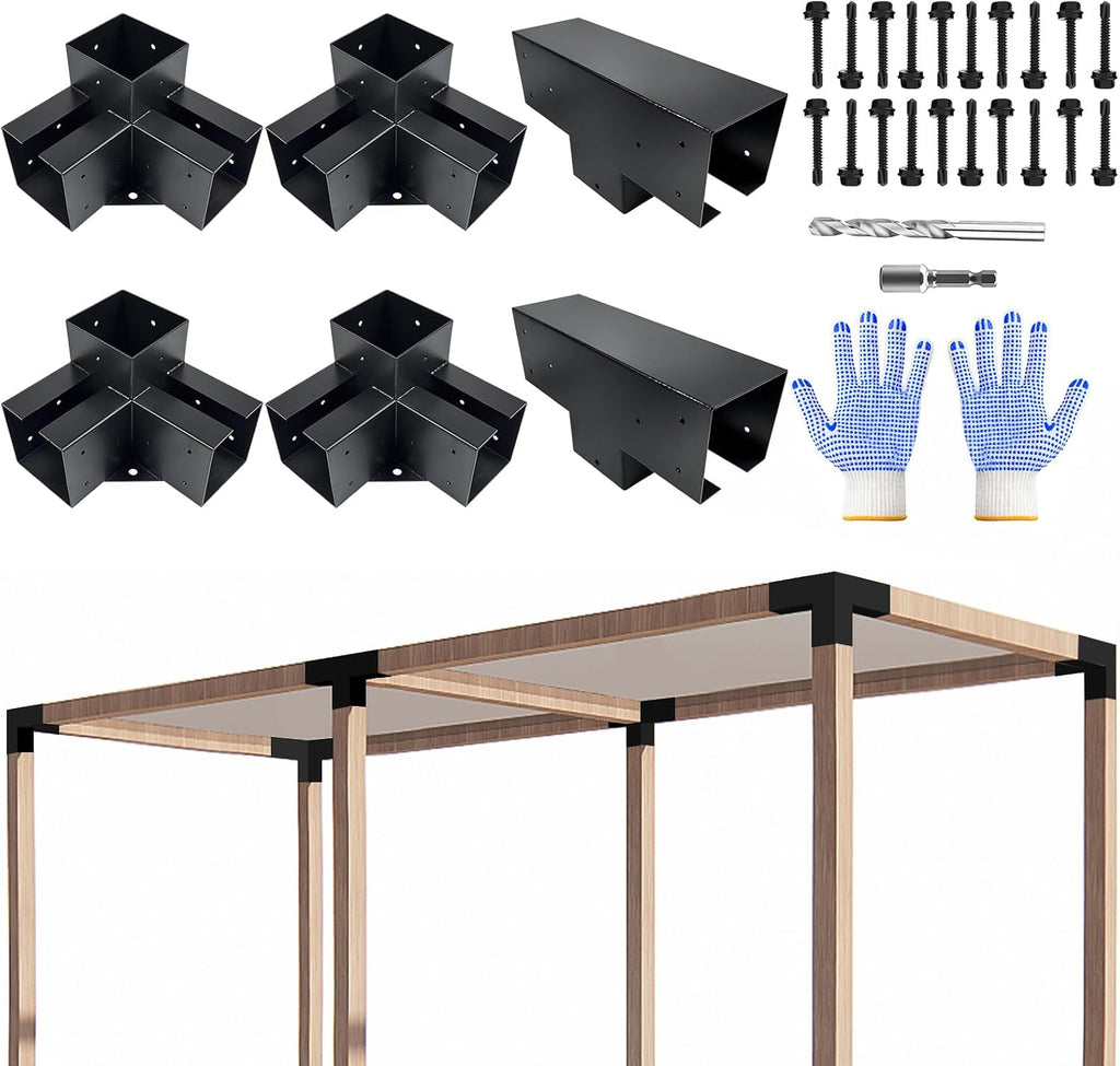 Pergola Bracket kit,3-Way Right Angle Corner & T-Shaped Flat Bracket for 4' x 4' (Actual: 3.5' x3.5'') Wood Beam for Outdoor Gazebos,Patio Pergolas,Log Cabins - 6Pack