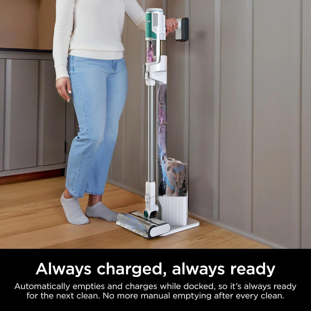 SHARK Clean & Empty Cordless Stick Vacuum Cleaner, Auto-Empty System, Self Cleaning Brushroll, HEPA Filter, Powerful Suction, Compact Lightweight, Perfect for Pet Hair (Renewed) (White + Green)