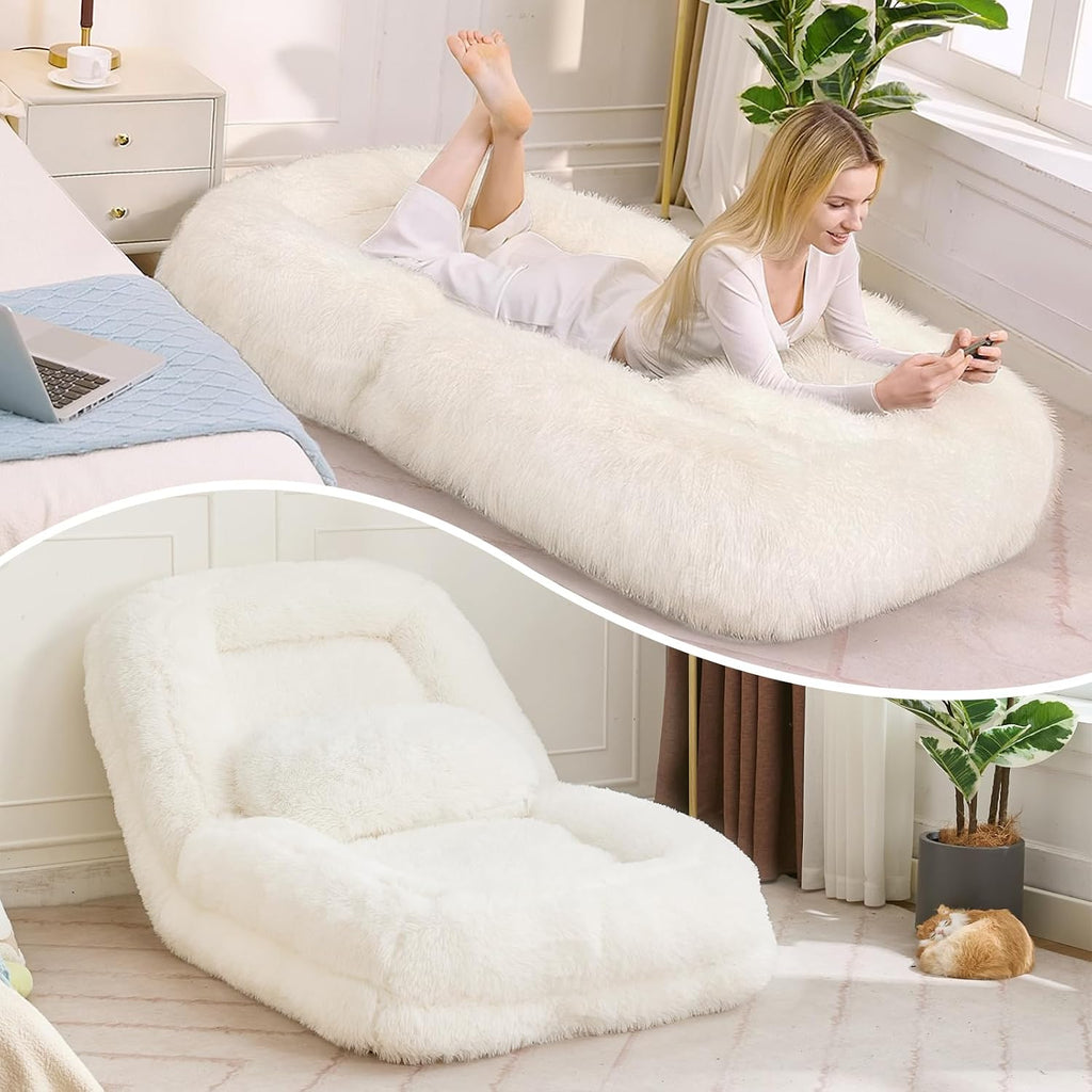 Adjustable Plush Human Dog Bed Lounger for Adult, 5-Position Foldable Lazy Lounge Sofa, Large Size Bean Bag Chair with Pillow, Folding Floor Chair for Living Room, Bedroom, Gaming Room, Beige