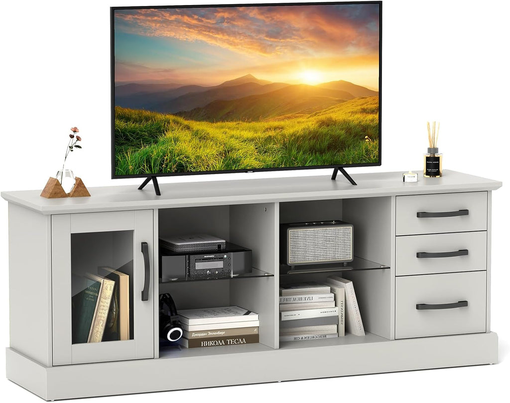 Tangkula Farmhouse TV Stand for 75 Inch TVs, 63' Media Console Table with 3 Drawers, 2 Glass Shelves & Cable Holes, Modern Wooden Entertainment Center for Living Room, Bedroom (Gray)