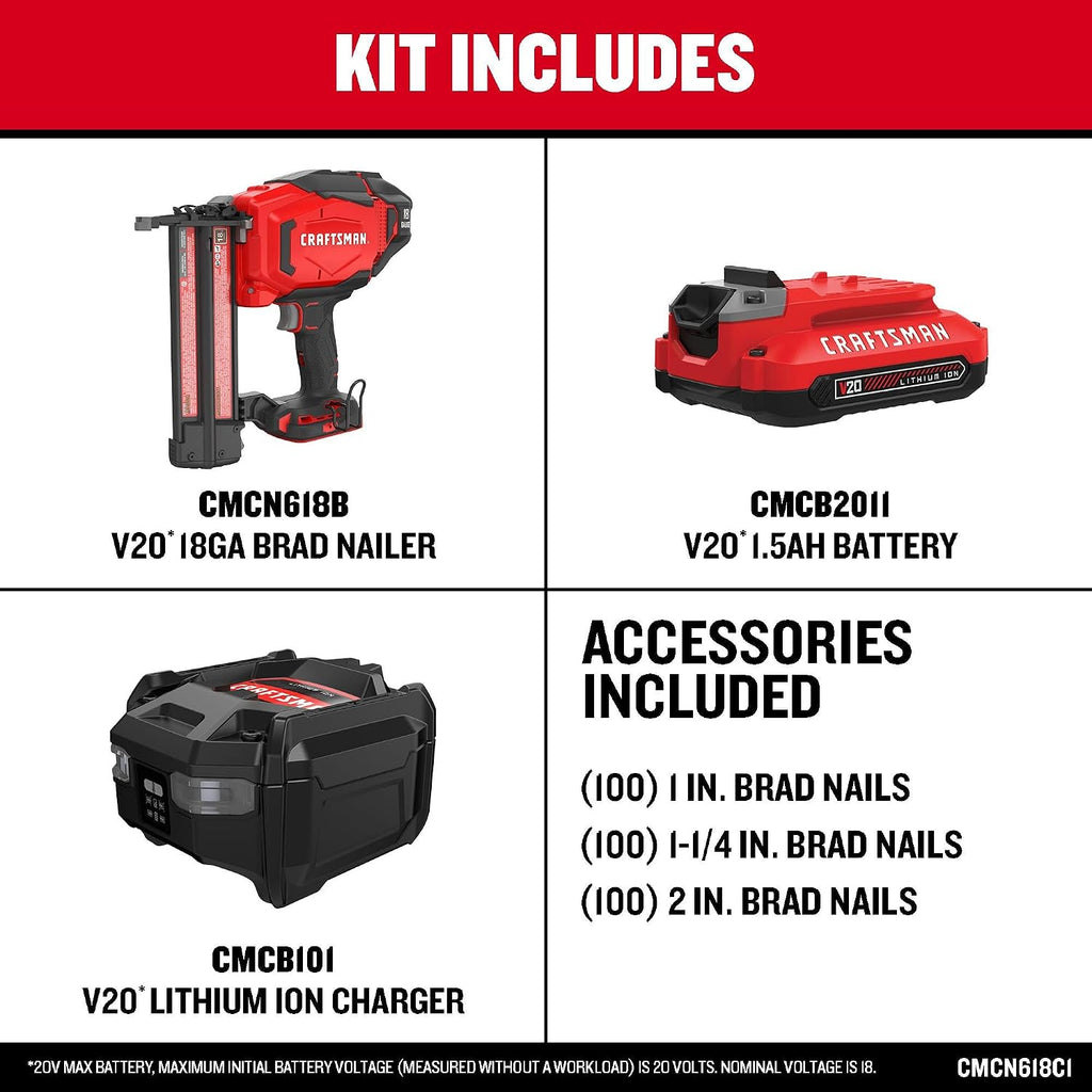 CRAFTSMAN V20 Cordless Brad Nailer, 18 Gauge Nail Gun, with Battery and Charger (CMCN618C1)