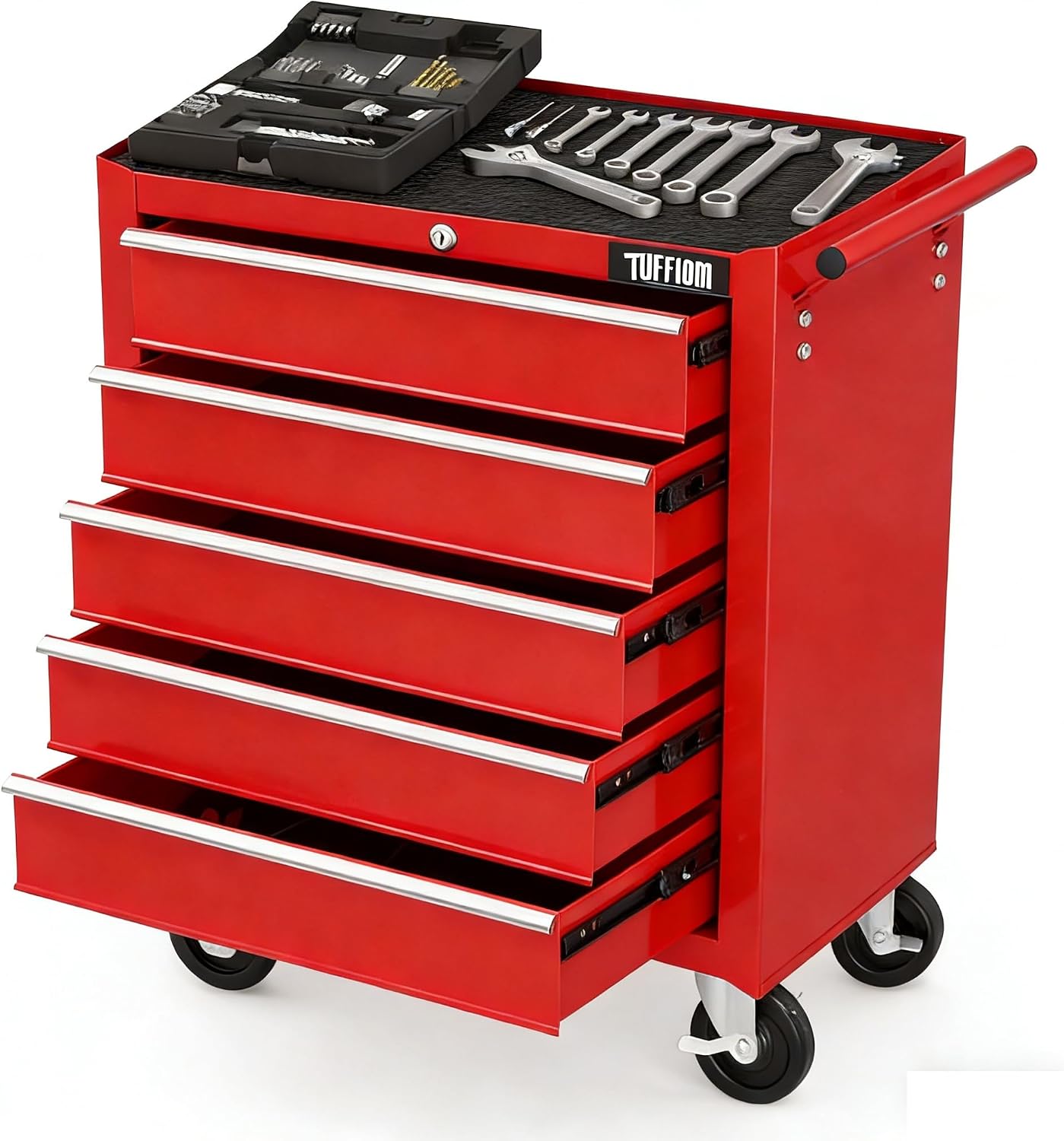 TUFFIOM 5-Drawer Rolling Tool Chest w/Drawers & Lock, Tool Storage Cabinet with Lockable Wheels, Top Cushion & Drawer Liners, Tool Organizer Box for Garage, Warehouse & Repair Sho