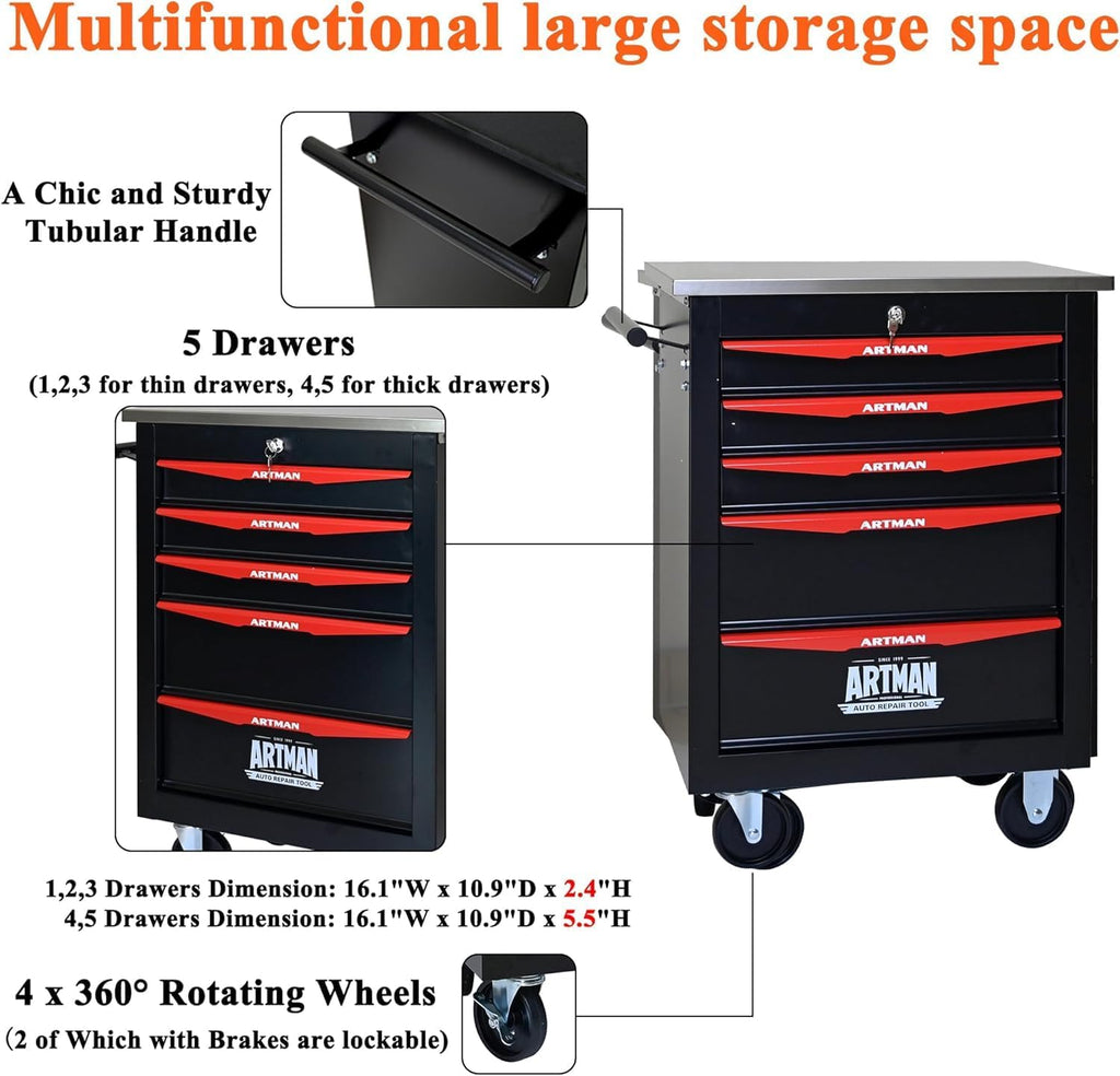 5 Drawers Tool Cart on Wheels, Stainless Steel Countertop Multifunctional Rolling Tool Storage Chest, Drawer Rolling Trolley Organizer Tool Box for Garage,Workshop(5 Drawers-Black)