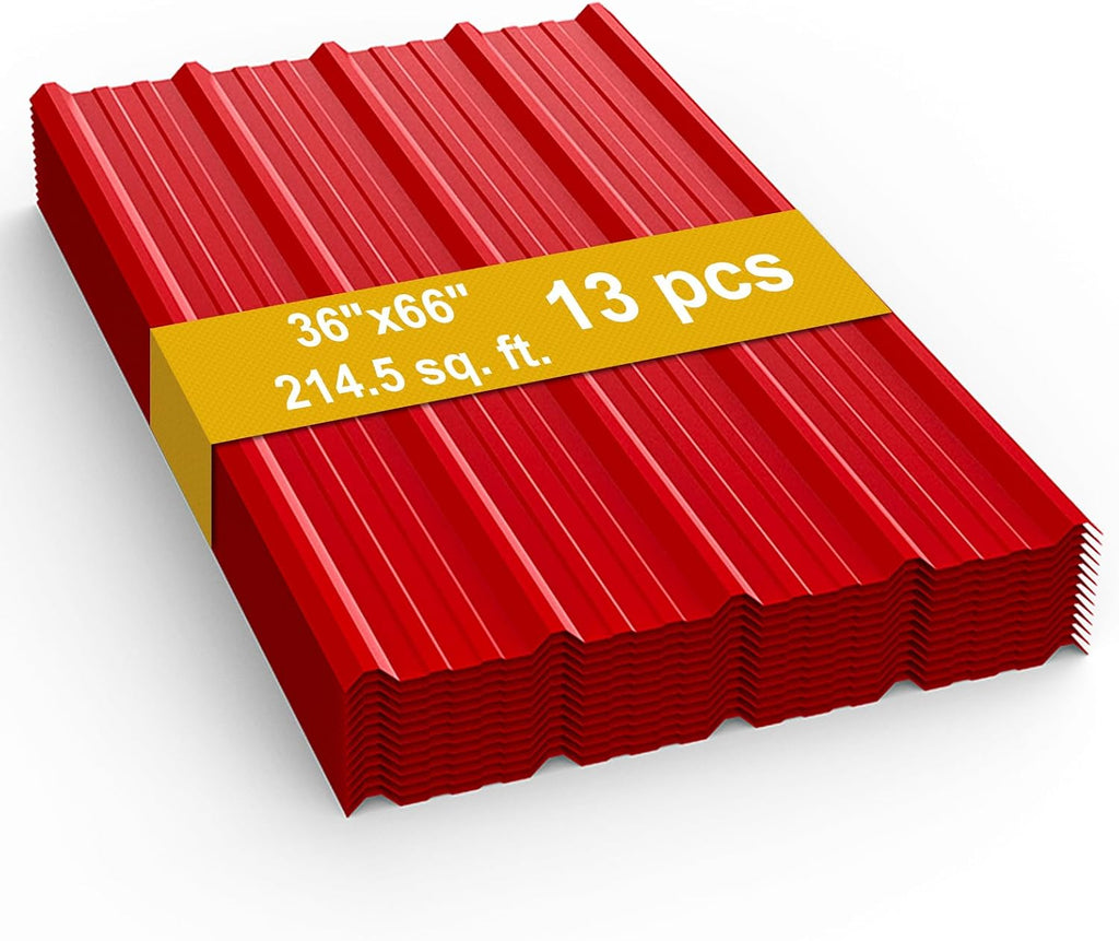 13 Pack PPGI Metal Roofing Panels, 66' x 36', 28 Gauge, 214 Sq. Ft. Coverage, Prepainted Galvanized Steel Sheets for Residential, Commercial, Pergolas, Gazebos, Fencing, and Patio Roofs（Red）