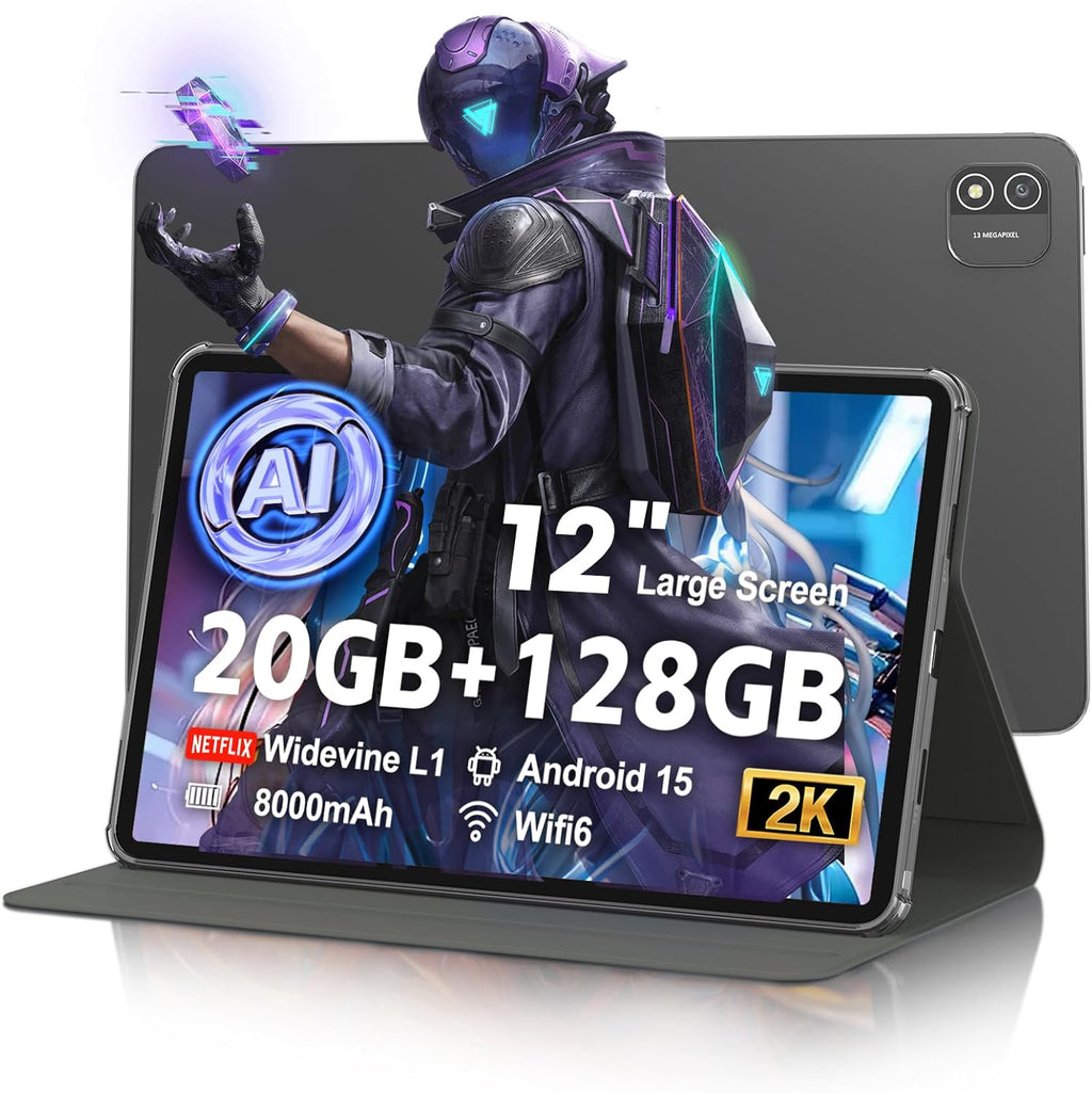 Android 15 Tablet 12 inch, AI Tablet with 2000 × 1200 Display, Octa-Core Up to 2.0GHZ, Tablets Computer with 20GB RAM & 128GB RAM 1TB Expand, 8000 mAh & 20 PD Charger, WiFi 6, BT5.0, Support GPS
