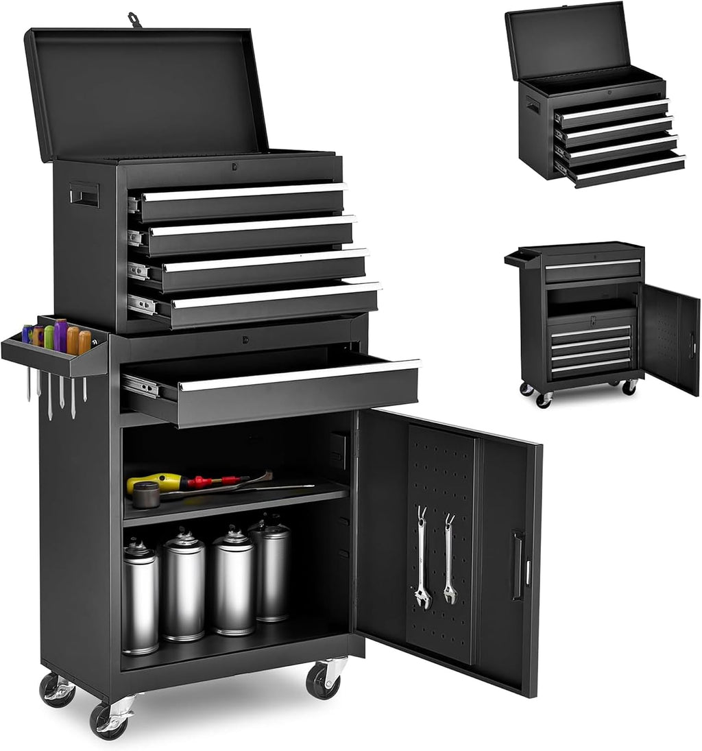5 Drawers Metal Tool Cart on Wheels with 1 Cabinet, Multifunctional Rolling Tool Storage Cabinet Organizer Set w/Removable Top Tool Box for Garage,Warehouse,Workshop,Repair Shop(Black)