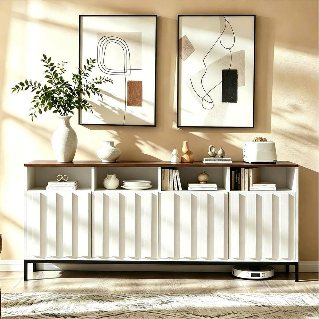 COCO DESIGN 70' Fluted TV Stand with Power Outlet for TVs up to 80', Modern Entertainment Center with Adjustable Shelves, Media Console Table with Storage for Living Room, White