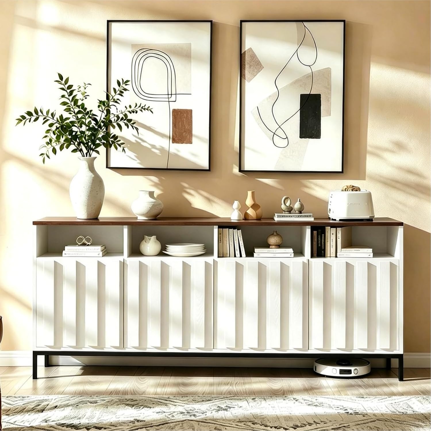 COCO DESIGN 70' Fluted TV Stand with Power Outlet for TVs up to 80', Modern Entertainment Center with Adjustable Shelves, Media Console Table with Storage for Living Room, White