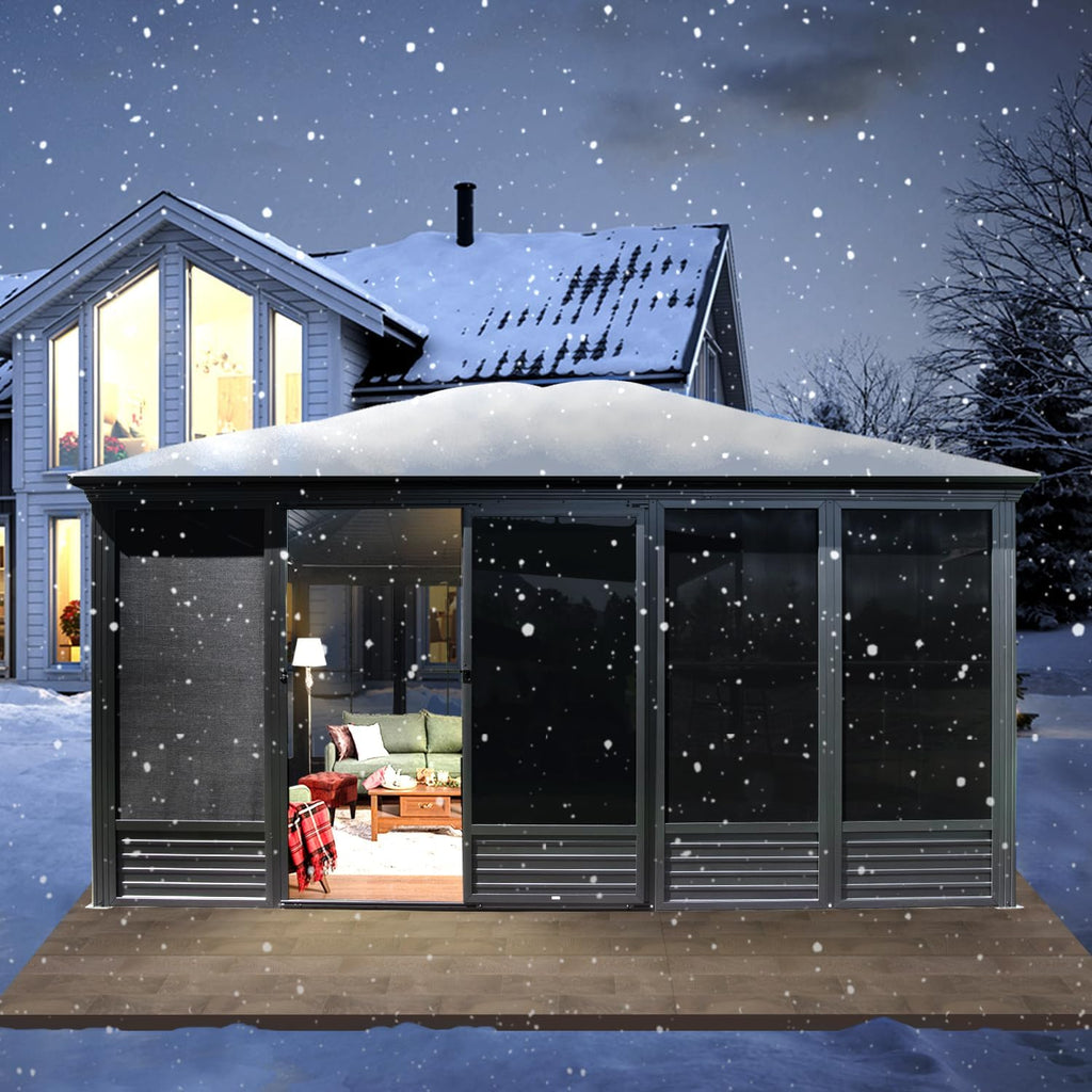Domi 13x16.5FT Outdoor Sunroom Gazebo, Aluminum Solarium with Galvanized Steel Sloping Roof, Detachable PE Screens, 2 Sliding Doors, Permanent Sun Room Hardtop Screen House for Patio Deck Garden