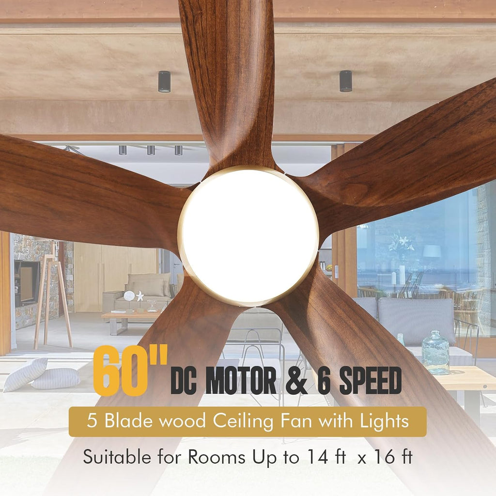 52 Inch Gold Ceiling Fan with Light and Remote Control, Modern Farmhouse 5 Blade Wood Ceiling Fan, Noiseless DC Motor, Indoor Outdoor Fan with Light for Patios Bedroom Porch