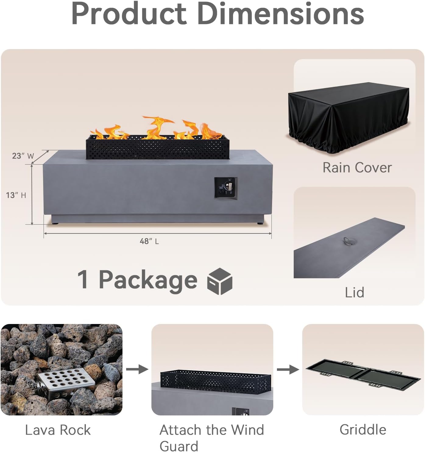 48'' Propane Fire Pit Table, 50,000BTU Rectangle Firepit Table, 3-in-1 Outdoor Fire Table with Tank Hidden Table for Outside Patio, Backyard, Grey