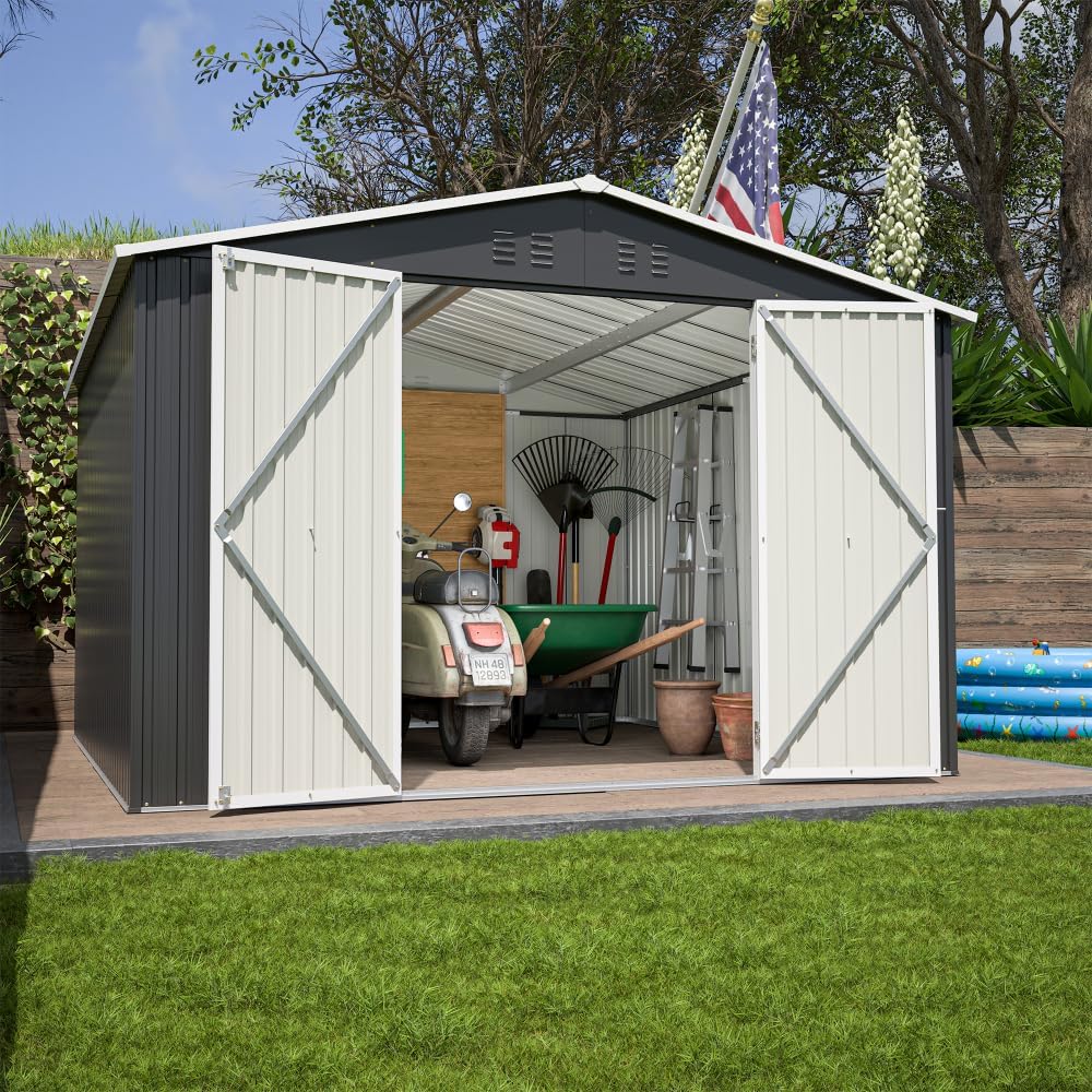 Large Outdoor Storage Shed 10x12 FT, Heavy-Duty Metal Garden Tool Organizer with Lockable Doors and Weather-Resistant Roof for Backyard (10x10 ft Black)