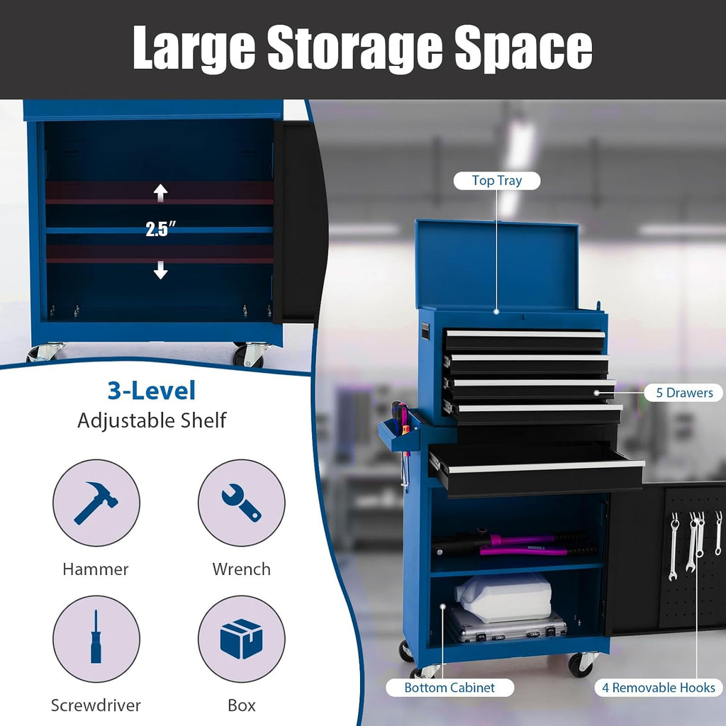 IRONMAX Rolling Tool Chest, 5-Drawer Lockable Tool Cabinet w/Adjustable Shelf & 4 Universal Wheels, 2 in 1 Detachable Tool Box Storage Organizer for Garage Workshop Repair Shop, Blue