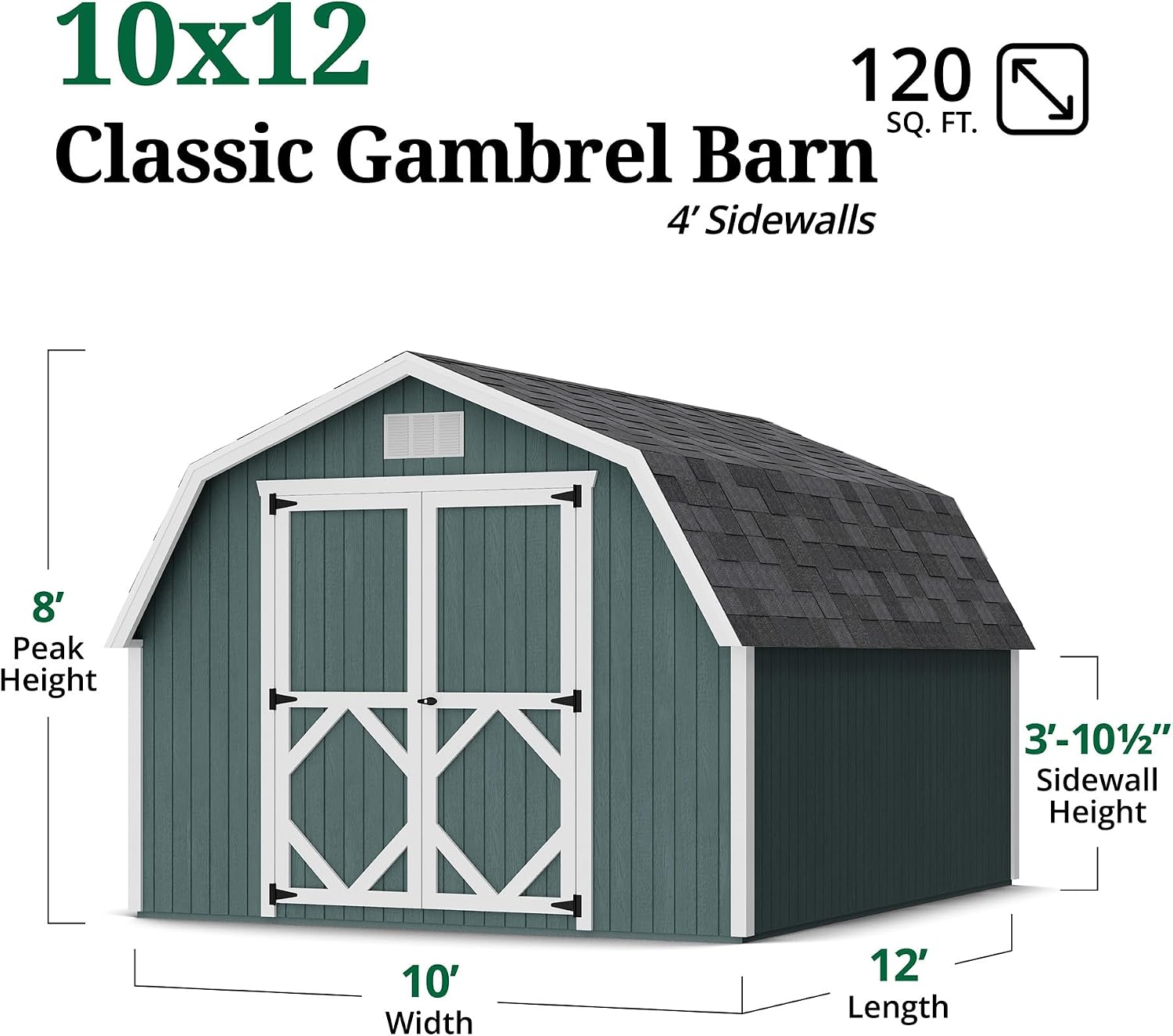 Little Cottage Co. 10x12 Classic Gambrel Barn with 4 ft. Sidewalls with Floor, Outdoor Wood Storage Shed Do-It-Yourself Precut Kit