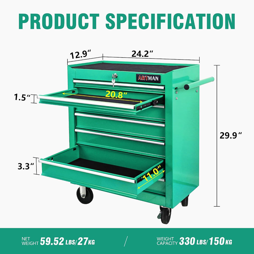 7 Drawers Tool Cart on Wheels, 7 Drawer Rolling Tool Chest with Key Lock, Trolley Organizer Tool Case, Multifunctional Rolling Tool Box for Garage,Warehouse,Workshop,Repair Shop (Green)