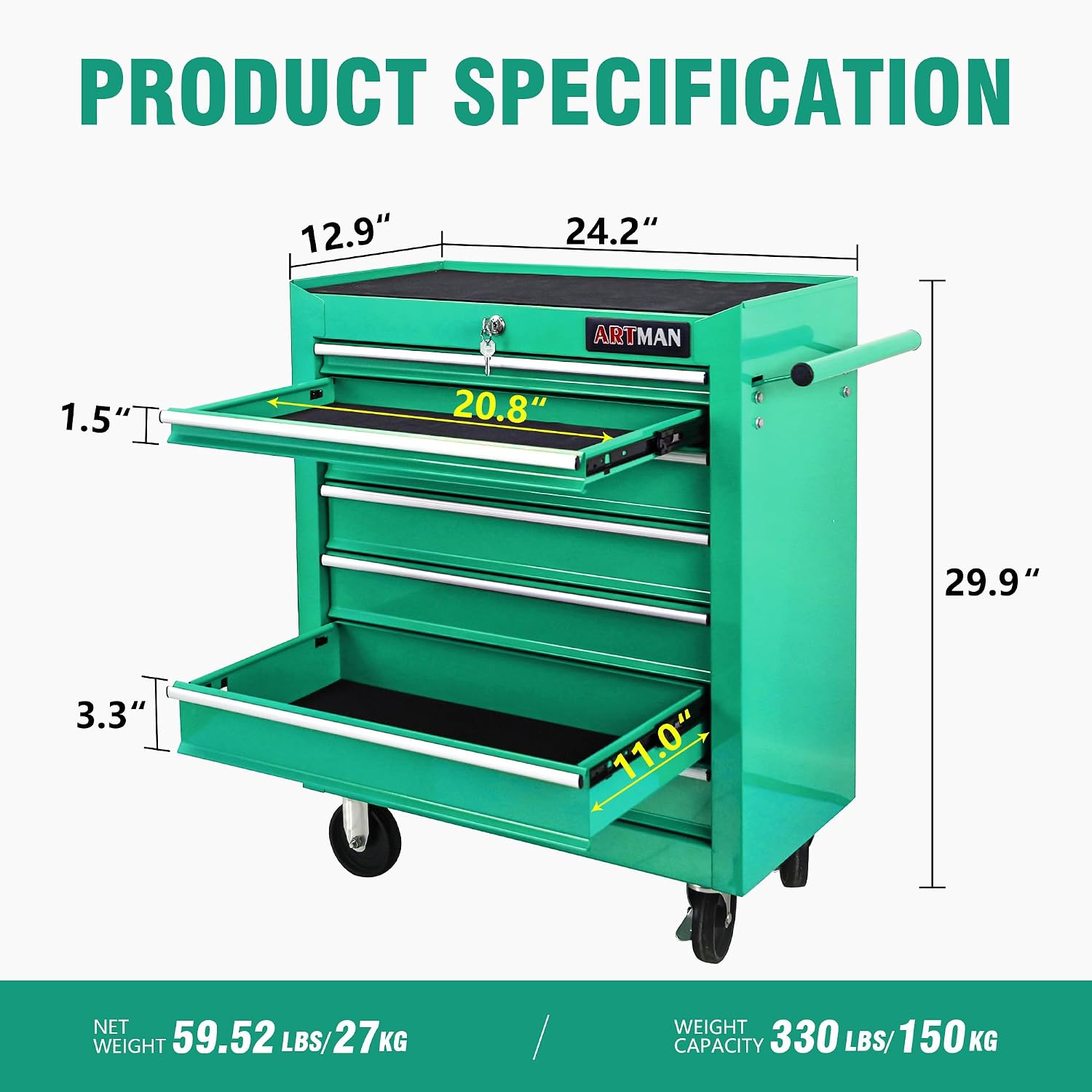 7 Drawers Tool Cart on Wheels, 7 Drawer Rolling Tool Chest with Key Lock, Trolley Organizer Tool Case, Multifunctional Rolling Tool Box for Garage,Warehouse,Workshop,Repair Shop (Green)