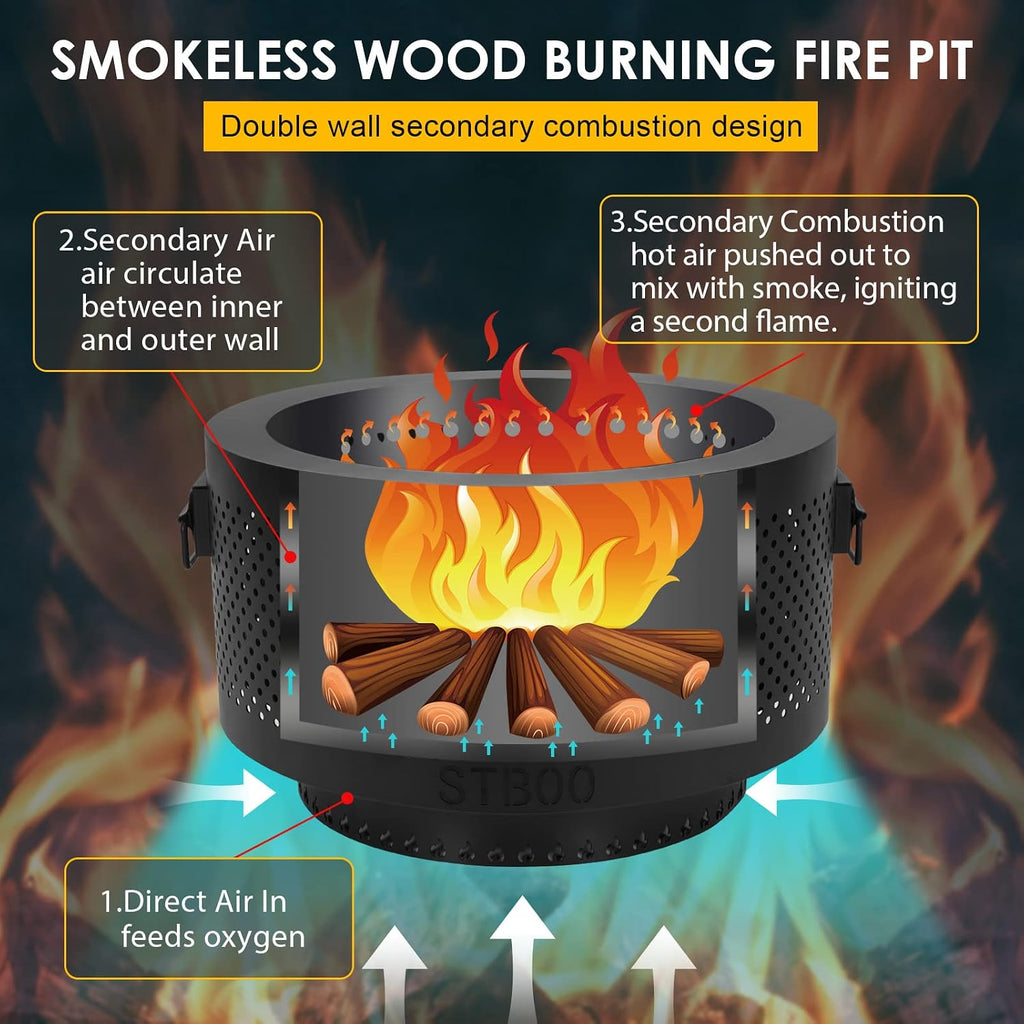 24 Inch Smokeless Fire Pits for Outside with Portable Carrying Storage Bag, Low Smoke Outdoor Fireplace for Bonfire Picnic Backyard on Beach, Black, XL