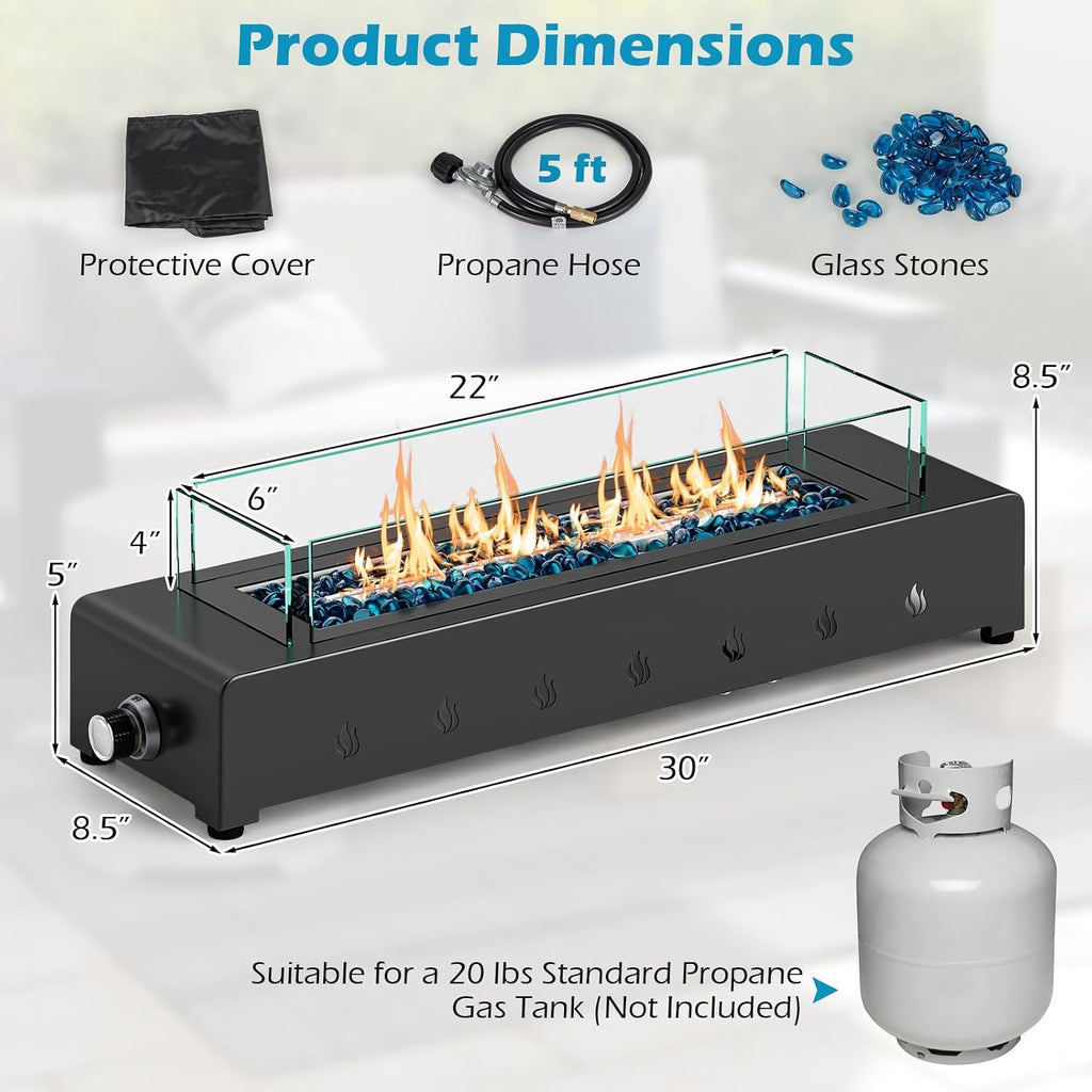 Happygrill 30 Inch Tabletop Propane Fire Pit, 40,000 BTU Table Top Firepit Fire Bowl with Wind Guard, Glass Rocks, Stainless Steel Burner & Cover, Outdoor Portable Fireplace for Patio, Camping