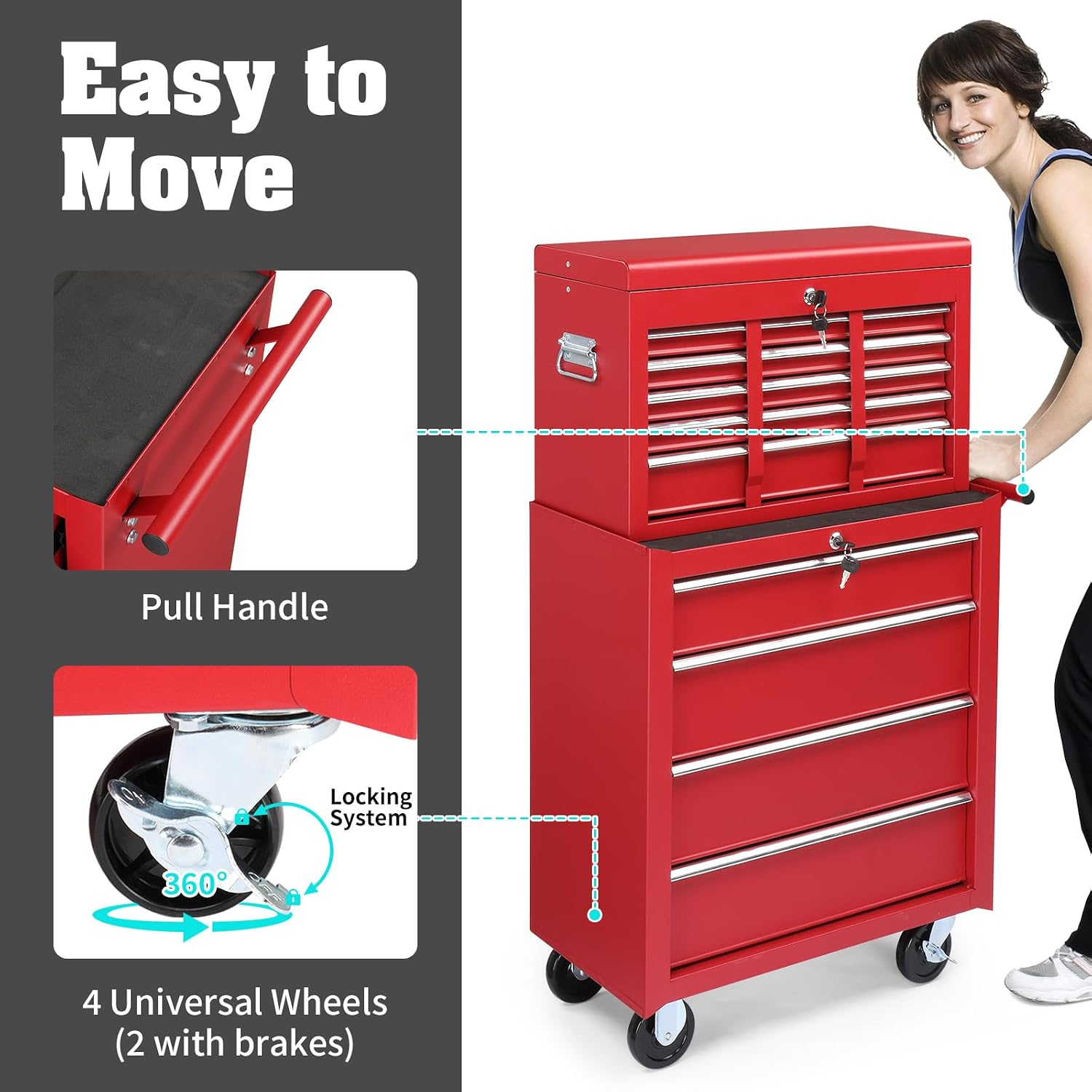 Winado 9-Drawer Rolling Tool Chest with Wheels & Lock & Key, Tool Box with Large Storage Cabinet, Removable Portable Top Box for Garage, Warehouse, Repair Shop & Home, (Red)