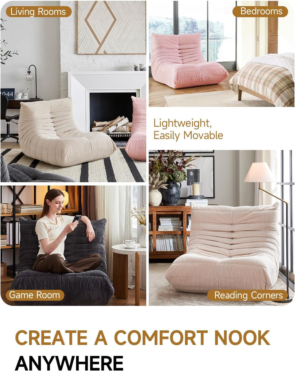 ZCUBED Large Bean Bag Chairs for Adults, Memory Foam Lounge Chair, Soft Corduroy Big Bean Bag Chair Lazy Sofa, Comfy Floor Beanbag Chair Single Sofa for Bedroom Living Room Fireside Book Nook, Grey