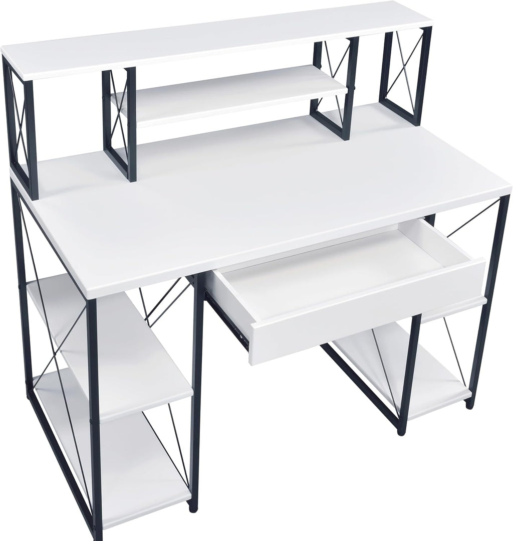 Modern Computer Desk with Hutch and Open Shelves, Foldable Adjustable Portable Gaming Study Desk Table with Wheels for Bedroom Office Student Sturdy Furniture,White-Wood