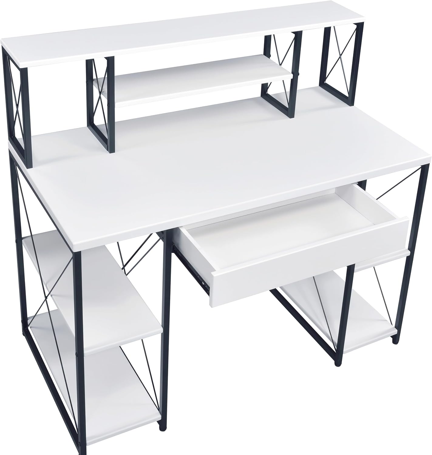 Modern Computer Desk with Hutch and Open Shelves, Foldable Adjustable Portable Gaming Study Desk Table with Wheels for Bedroom Office Student Sturdy Furniture,White-Wood