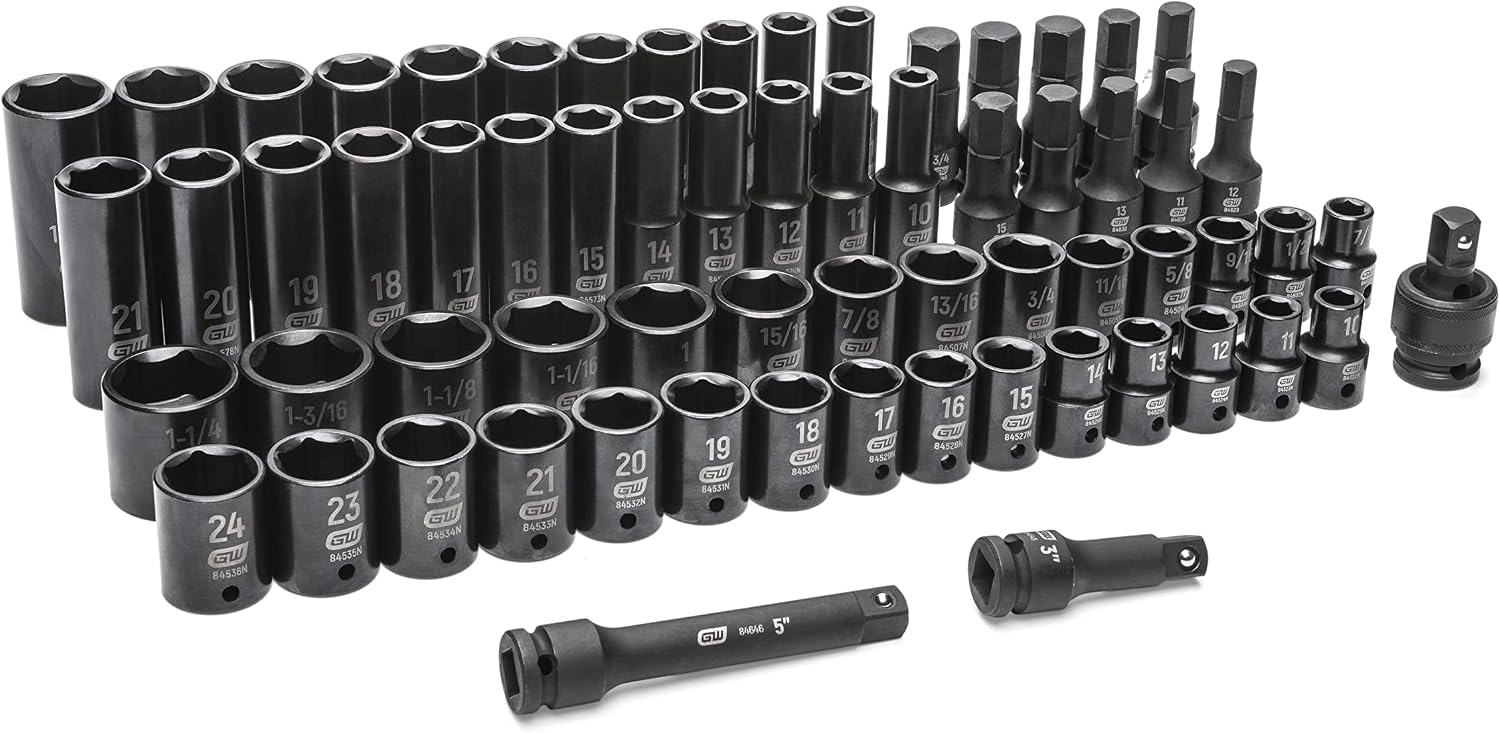 GEARWRENCH 65 Piece 1/2' Drive Standard & Deep SAE/MM Impact Socket Set - 89095