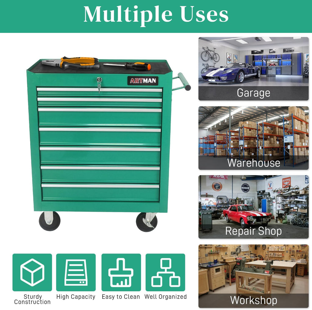 Rolling Tool Chest with 7-Drawer Tool Box with Wheels Multifunctional Tool Cart Mechanic Tool Storage Cabinet for Garage, Warehouse, Workshop, Repair Shop (Green)