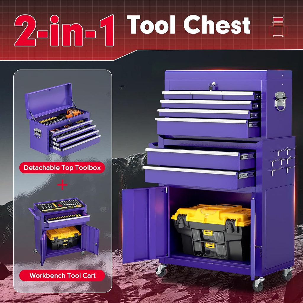 Superday Metal Tool Chest, 8 Drawer Rolling Tool Chest with Wheels, Detachable Tool Storage Cabinet with Lock for Garage, Steel Tool Cart with Liner & Hooks for Workshop, Warehouse (Purple)