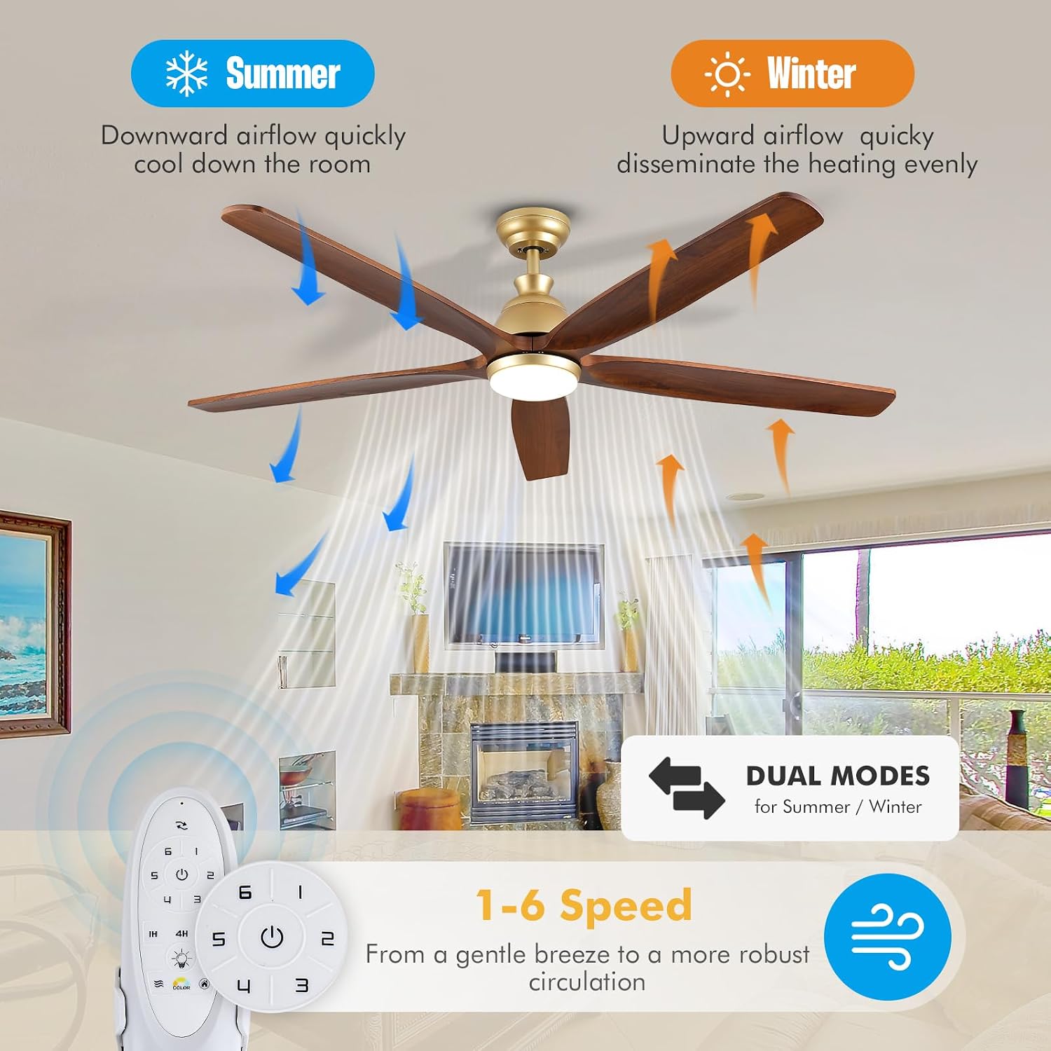 52 Inch Gold Ceiling Fan with Light and Remote Control, Modern Farmhouse 5 Blade Wood Ceiling Fan, Noiseless DC Motor, Indoor Outdoor Fan with Light for Patios Bedroom Porch